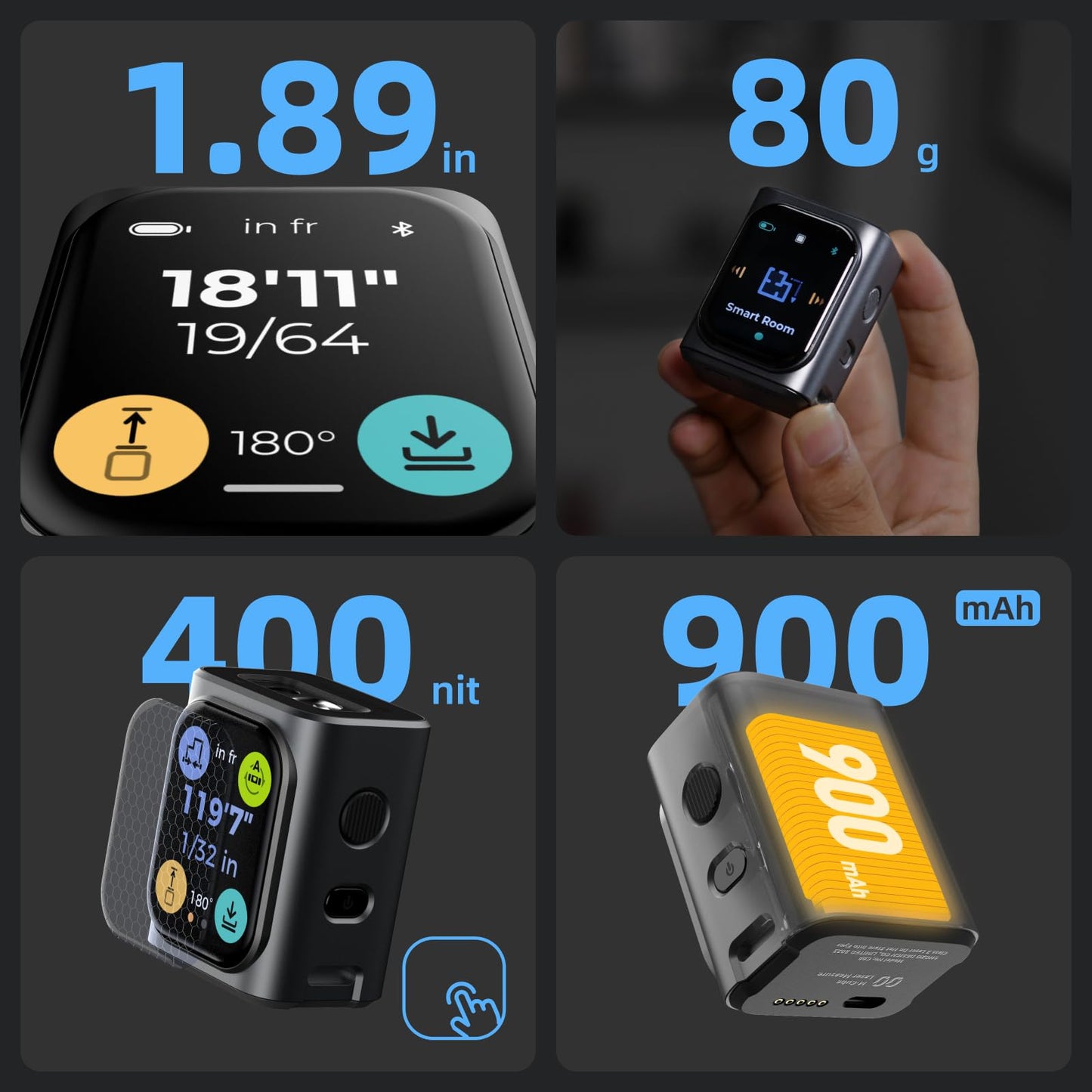 HOZO M-Cube Laser Measuring Tool,164ft/50m,±1/16 inch Accuracy,Rechargeable Modular Laser Measurement Tool for Area,Volume,Pythagorean,Big Number LCD Display | Bluetooth App,Small Laser Tape Measure - Medaid International