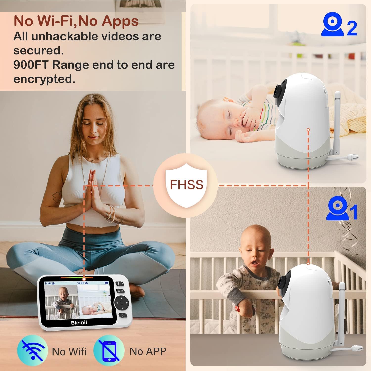 Blemil Upgrade Baby Monitor with 30-Hour Battery, 5" Large Split-Screen Video Baby Monitor with 2 Cameras and Audio, Remote Pan/Tilt/Zoom, Two-Way Talk, Room Temperature, Auto Night Vision - Medaid International