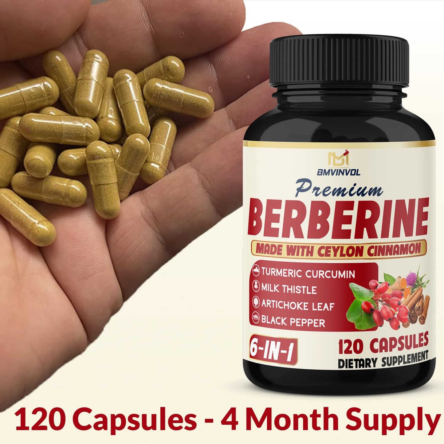BMVINVOL 6in1 Berberine Supplement with Ceylon Cinnamon, Tumeric Root, Milk Thistle, Artichoke, Black Pepper -120 Capsules for 4 Month Supply - Medaid International