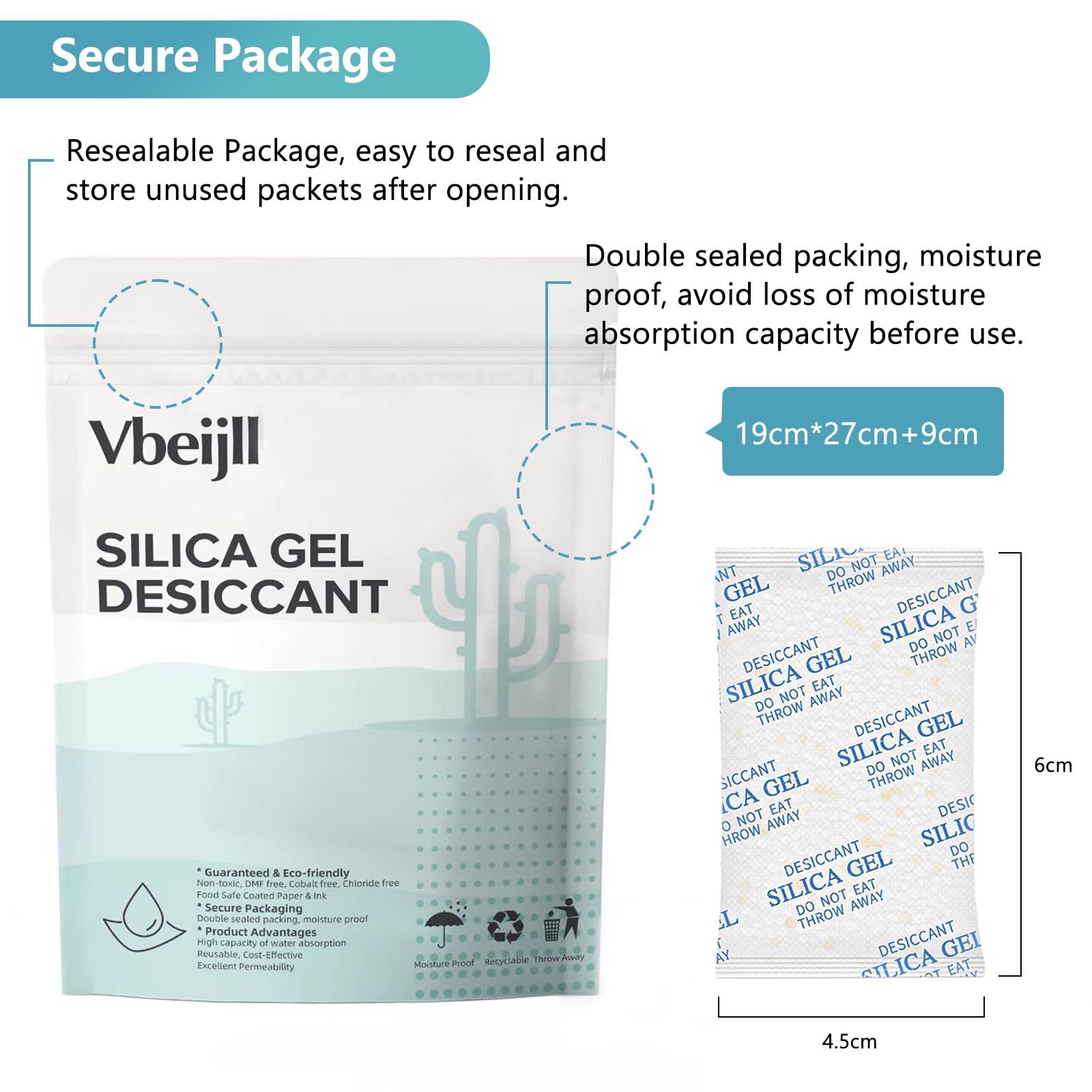 Vbeijll 5 Gram (50 Pack) Color-Indicating Silica Gel Packets, Premium Food Grade Desiccant - Rechargeable Moisture Absorbers for Food Storage, Electronics, 3D Filament & Safes - Medaid International
