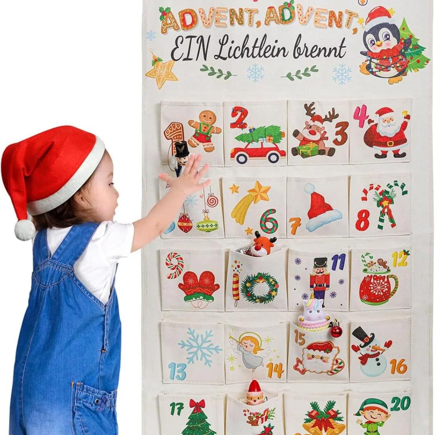 Christmas Advent Calendar Wall Hanging Bag With 24 Pockets, 24 Days Countdown Calendar Storage Bag for Xmas Home Wall Decoration, Reusable Fabric Gift Favors for kids friends family (Red) - Medaid International