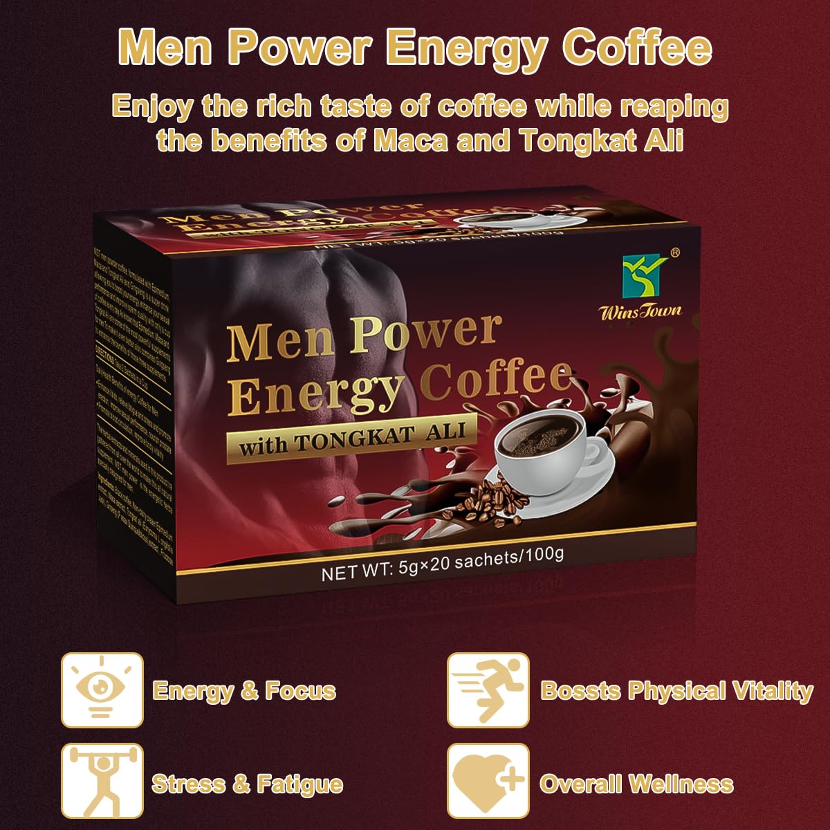 Men's Herbal Energy Coffee - Instant Black Coffee with Maca, Tongkat Ali, Epimedium & Ginseng – Boost Focus, Stamina & Vitality – 20 Sachets - Medaid International