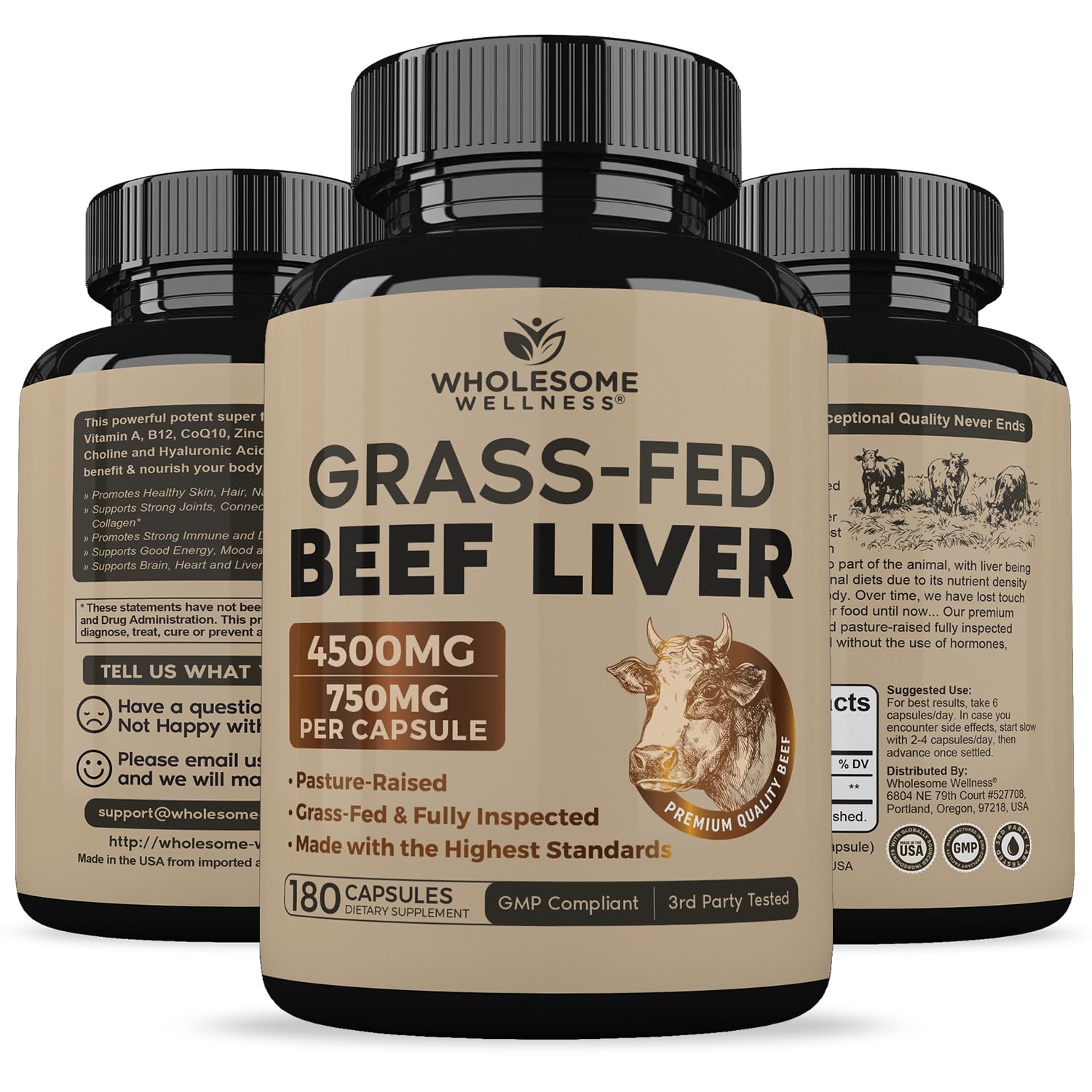 Wholesome Wellness Grass Fed Desiccated Beef Liver Capsules (180 Pills, 750mg Each) - Natural Iron, Vitamin A, B12 for Energy - Raised Undefatted in New Zealand Without Hormones or Chemicals - Medaid International