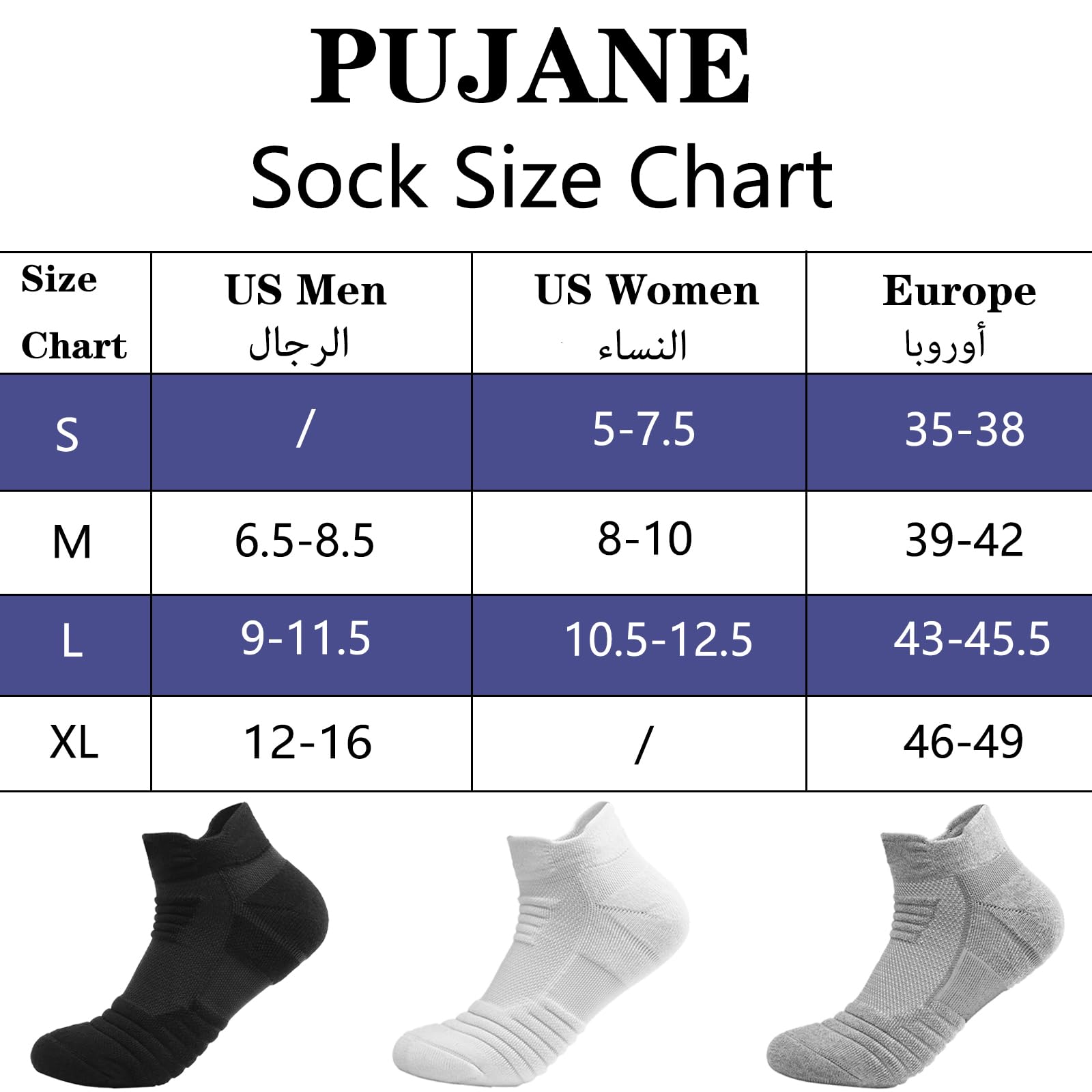 PUJANE 5 Pairs Ankle Athletic Running Socks Cushioned Breathable Low Cut Sports Tab Cotton Socks for Men and Women (White Size L) - Medaid International