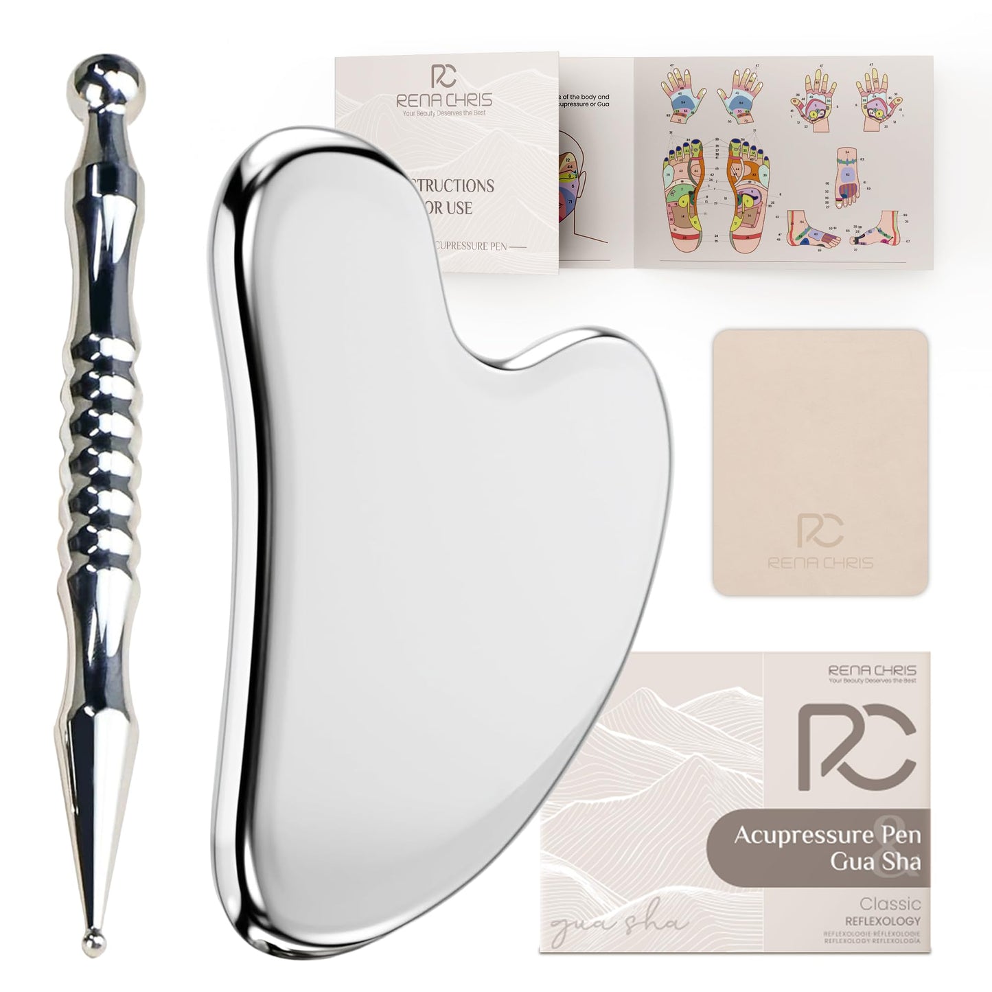 Rena Chris Acupuncture Pen, Manual Reflexology Tools for Muscle Tension and Pain Relief, Acupressure Pen and Stainless Steel Gua Sha Set with Reflexology Chart, Easy to Use - Medaid International