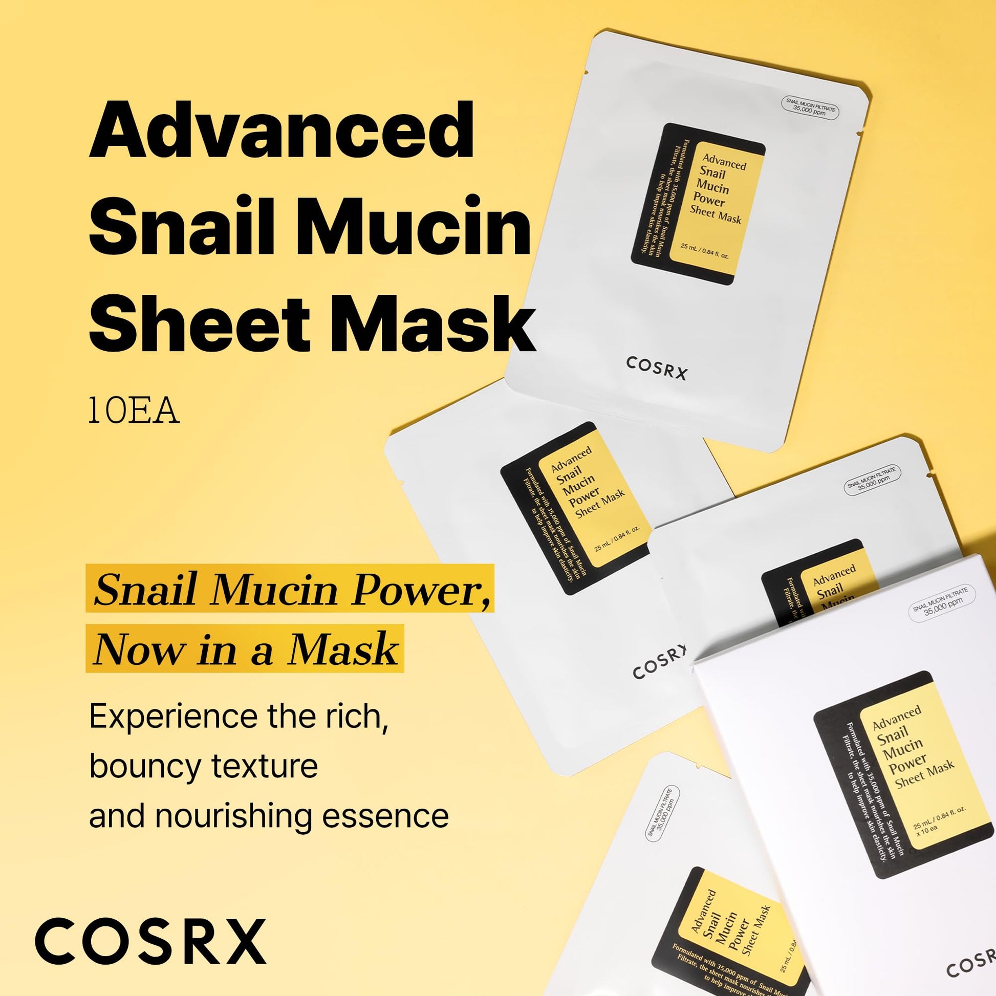 COSRX Snail Mucin Sheet Mask 10 EA with Snail Mucin Serum, Self Care, Face Masks for Dry, Sensitive Skin, Not Tested on Animals, No Parabens, No Sulfates, Korean Skin Care, Stocking Stuffers - Medaid International