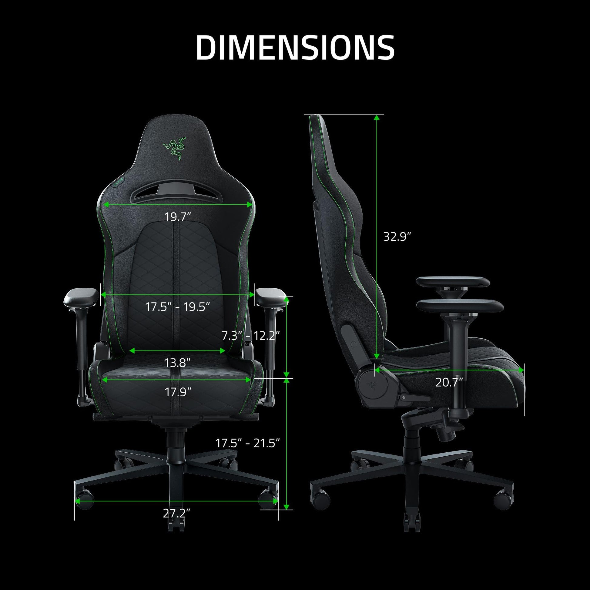 Razer Enki Gaming Chair: All-Day Comfort - Built-in Lumbar Arch - Optimized Cushion Density - Dual-Textured, Eco-Friendly Synthetic Leather - Reactive Seat Tilt & 152-Degree Recline - Black/Green - Medaid International
