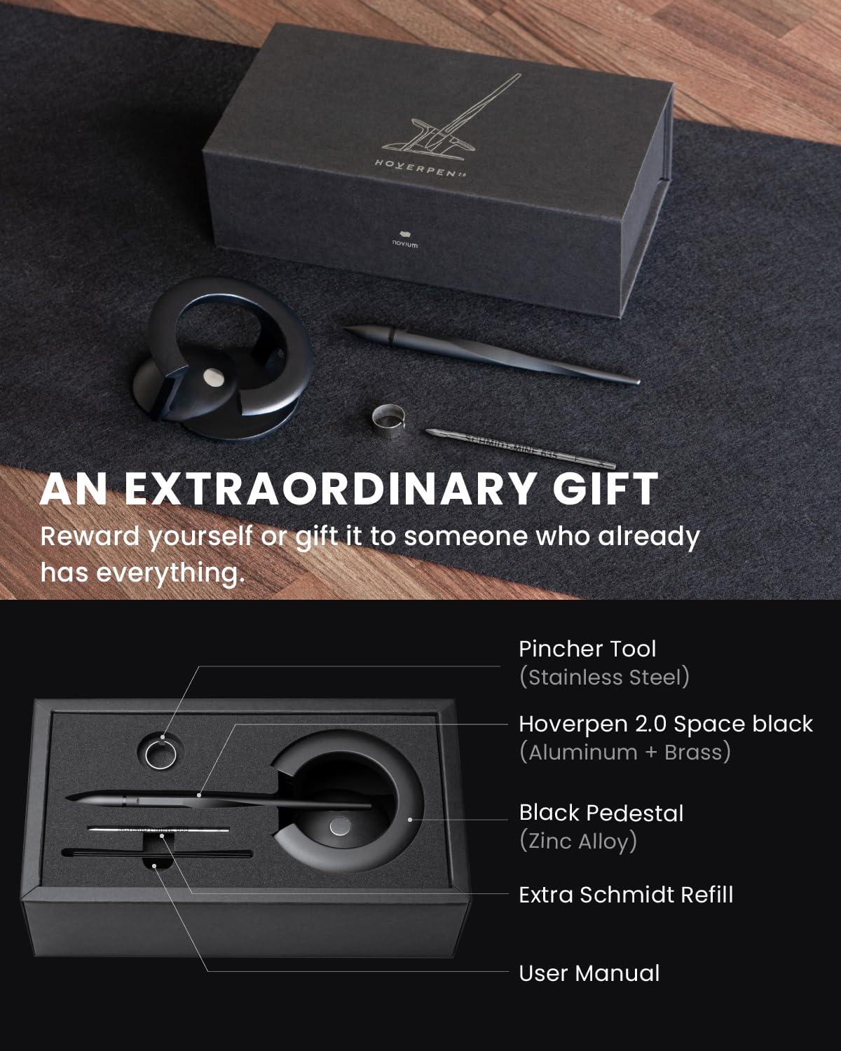 novium Hoverpen Interstellar - Space Black, Ballpoint Pen, Unique Conversational Starter, Premium Futuristic Design, Precision Flow Ink, Schmidt Ballpoint Cartridges - Medaid International