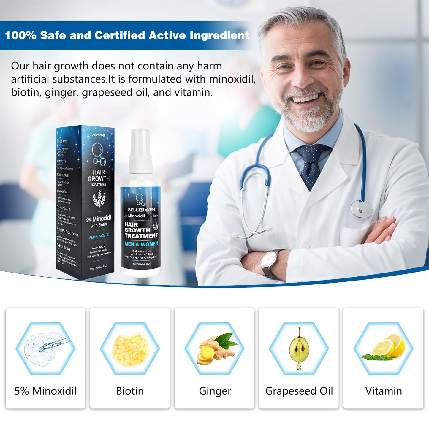 5% Minoxidil Hair Growth Serum for Men and Women - Hair Regrowth Treatment Spray, Topical Solution to Stop Thinning and Hair Loss, 2 Month Supply for Beard and Hair Growth, 100ML - Medaid International