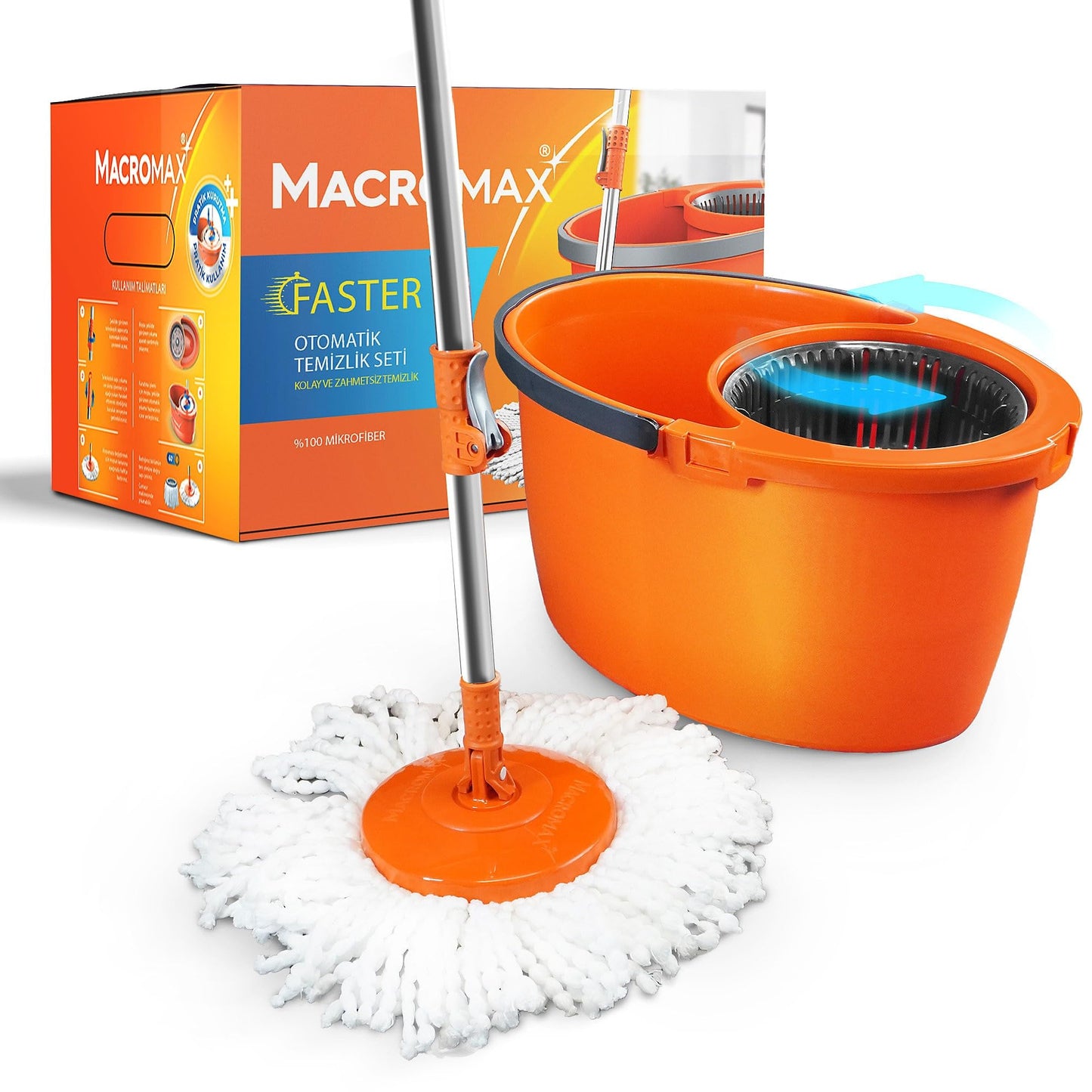 Macromax Faster Spin Mop and Bucket Set – 360° Rotating Microfiber Mop with Smart Drying System – Multi-Surface Floor Cleaning Tool - Medaid International