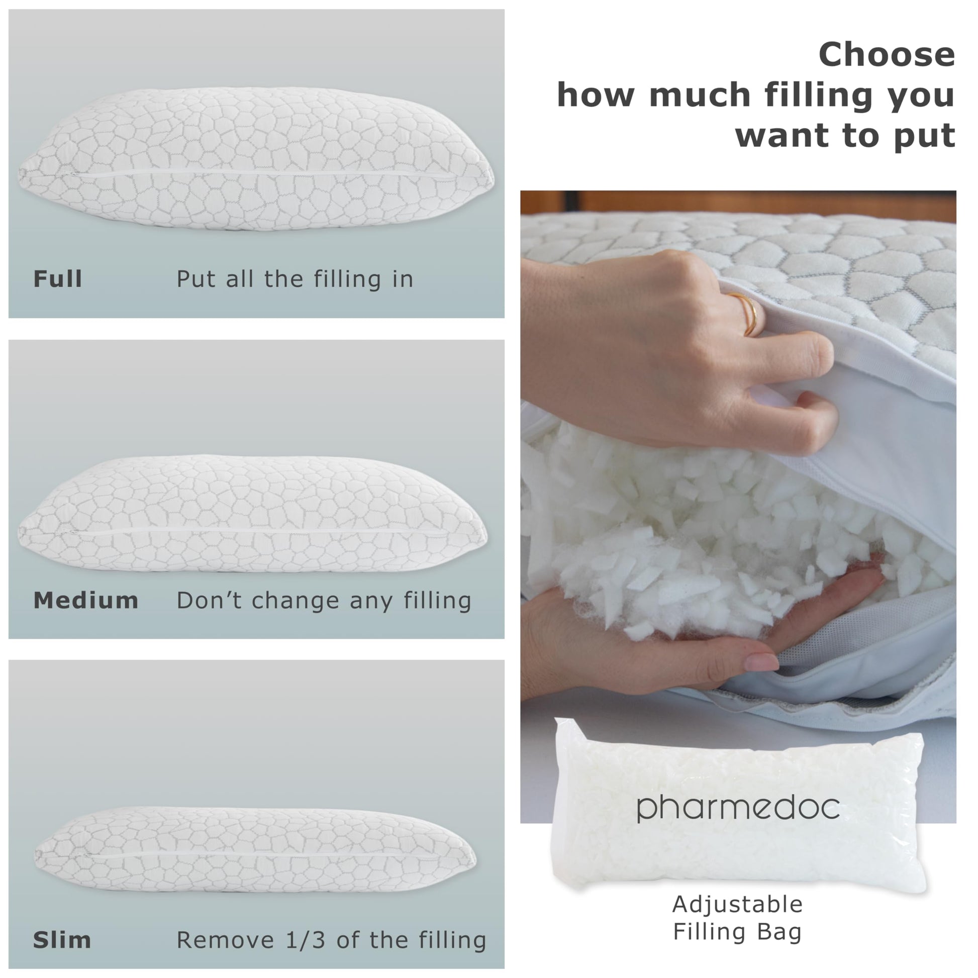 Pharmedoc Adjustable Shredded Memory Foam Bed Pillow - Perfect for Side Sleeper - Rectangular - Neck Support for Pain Relief - Queen Size - Extra Filling Pack - Medaid International