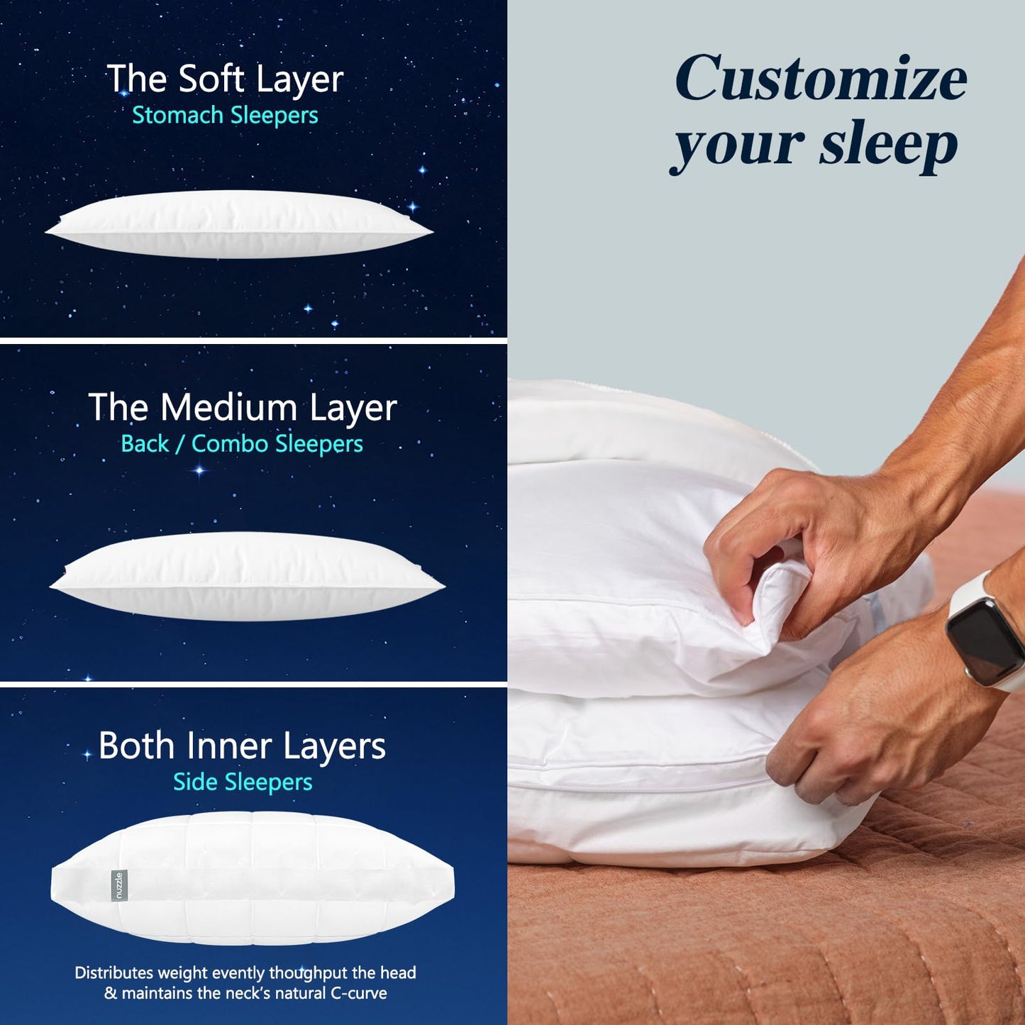 Nuzzle Cooling Adjustable Pillow for Side Sleepers, Luxury Standard Size Set of 2 Bed Pillow Hotel Collection - Best Adjust Height Soft Firm Pillow for Back, Stomach or Side Sleepers - Home Gifts - Medaid International