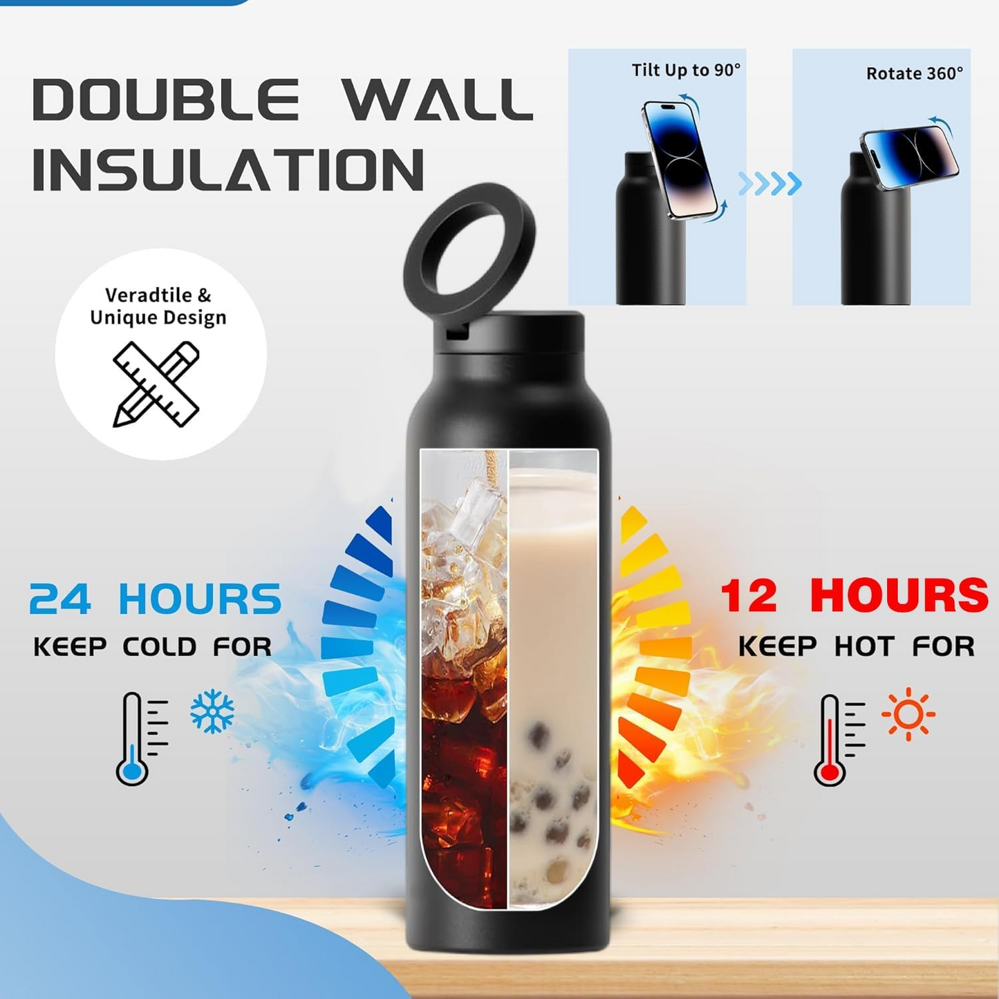 Insulated Water Bottle with Magnetic Phone Holder | Stainless Steel Tumbler Compatible with MagSafe for Gym, Car, & Sports - Medaid International