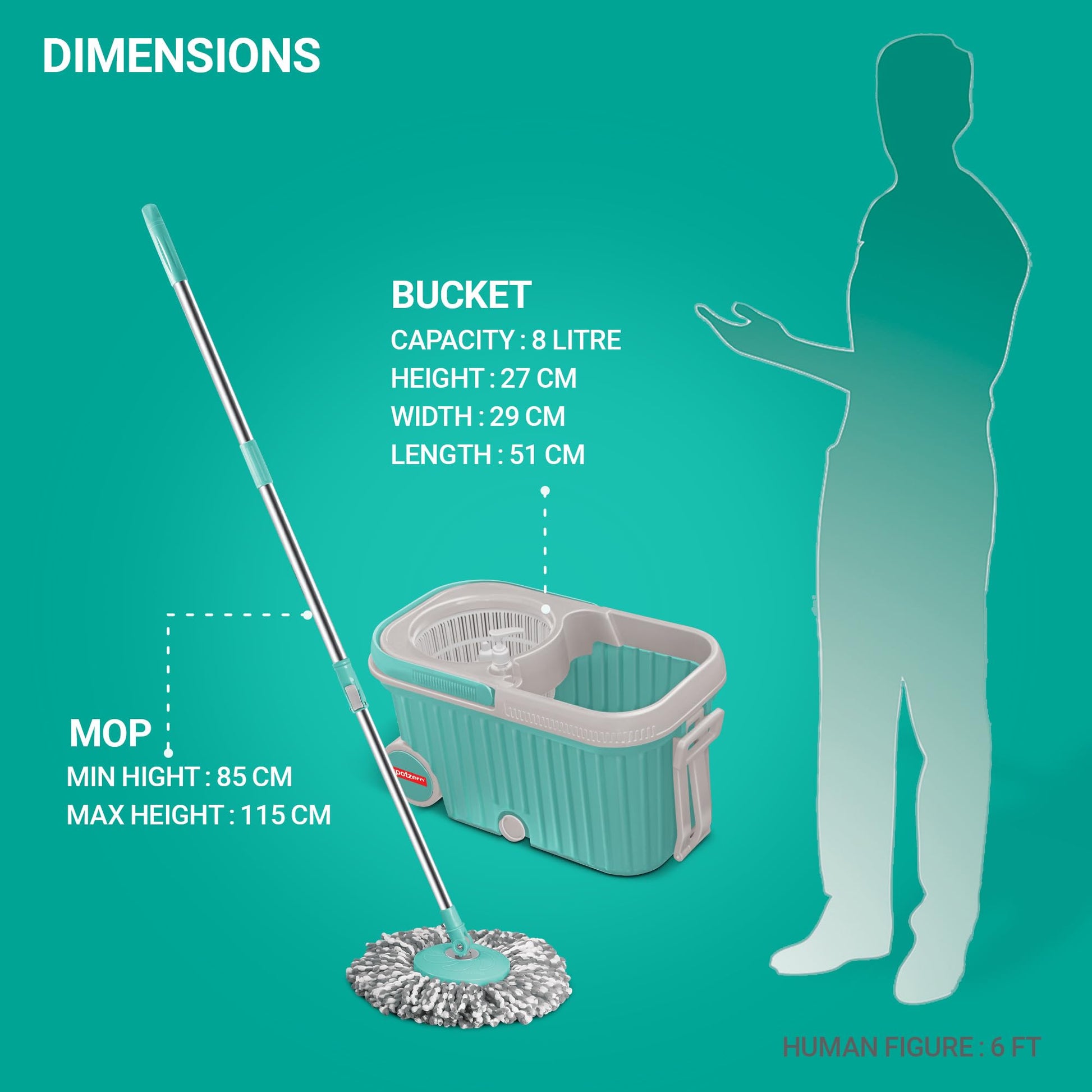 Spotzero by Milton Spin mop Bucket with Wringer on Wheels, Extendable Handle 360 Spin mops for Floor Cleaning, 2 Microfiber Refills, Aqua Green Elite - Medaid International