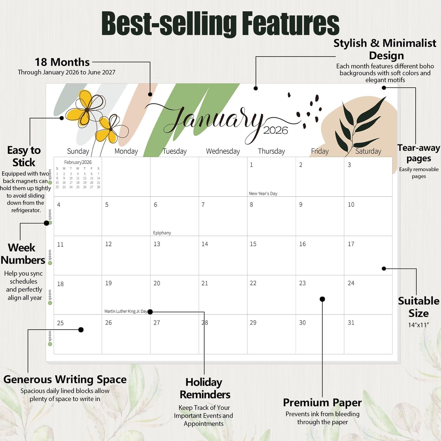 GuassLee Magnetic Calendar 2026-2027 - Magnetic Calendar for Fridge 11 x 14 Inches, Runs from Jan. 2026 to Jun.2027, 18 Monthly Planner for Easy Planning and Organizing - Medaid International