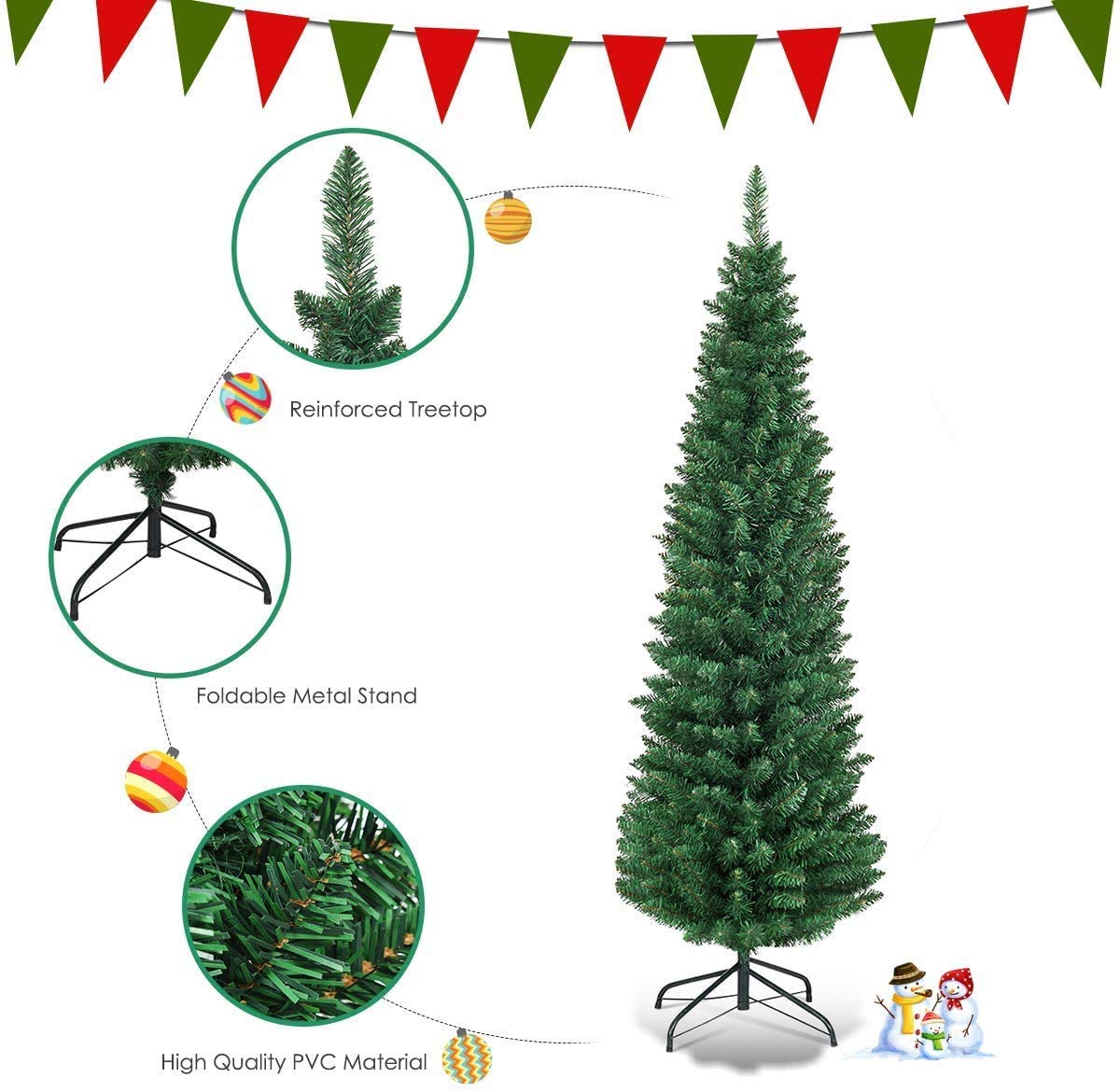 Giantex, Green Artificial Pencil Christmas, Premium Hinged Pine Tree with Solid Metal Legs, Perfect for Home, Shops and Holiday Decoration, (5FT) (Artificial Pencil Christmas Tree) - Medaid International