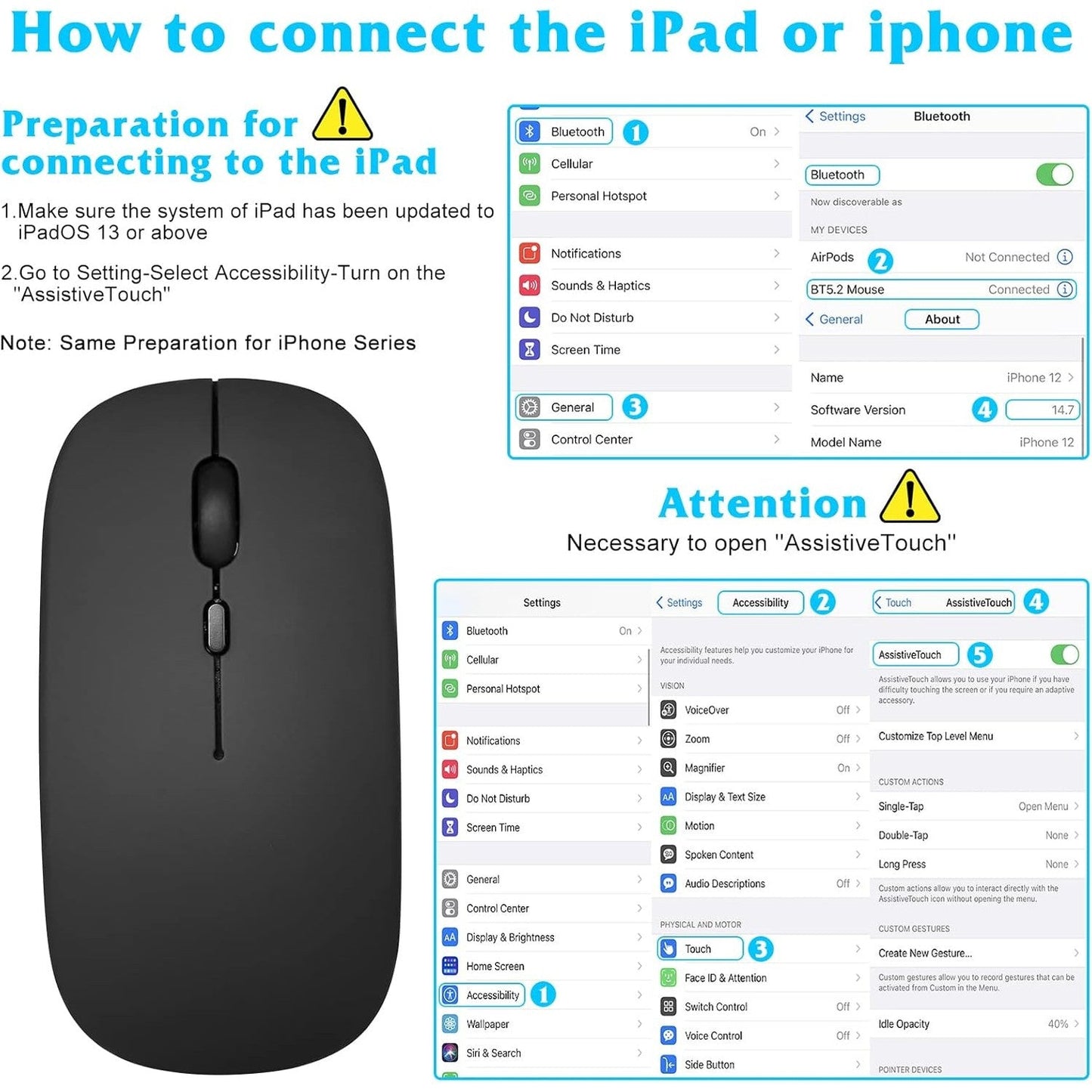 UrbanX - Rechargeable Bluetooth Wireless Mouse for Samsung Galaxy S22/S23/S24, Optical Tracking, Sleek Black Design