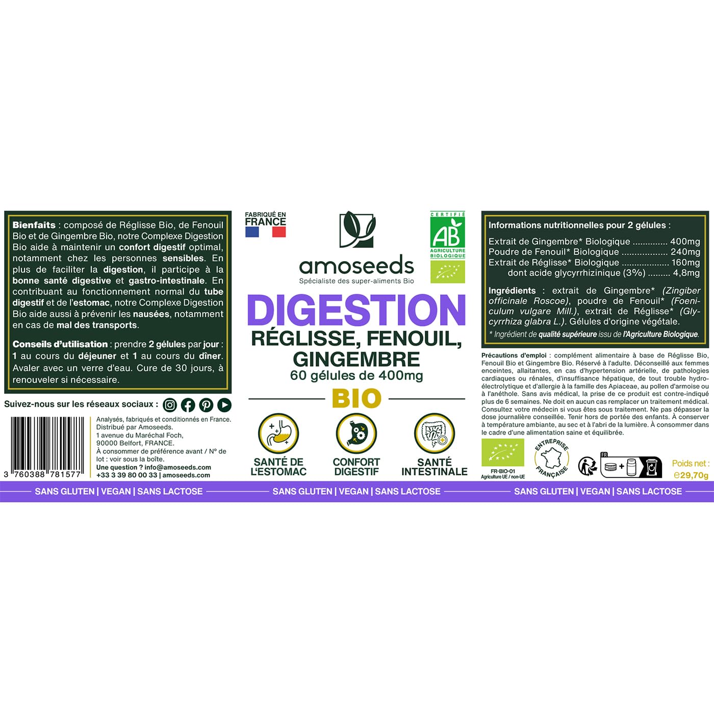 Digestion BIO | Confort Digestif et Santé de l’Estomac | Réglisse, Fenouil, Gingembre | Améliore la Digestion, Réduit les Inconforts | 60 gélules de 400mg | Fabriqué en France | Qualité Supérieure - Medaid International