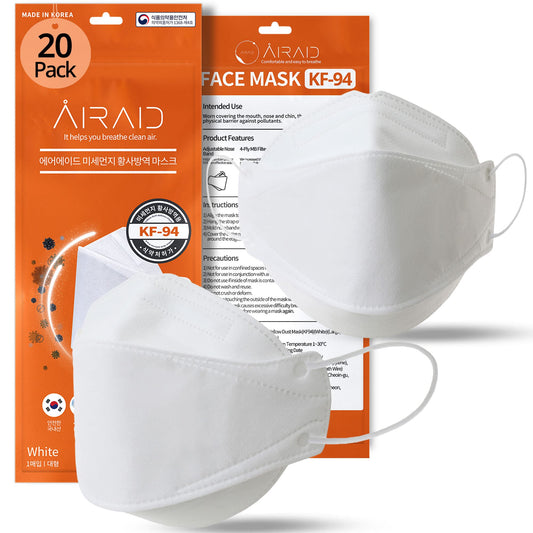 AIRAID-KF94 [Individually Wrapped] - Made in Korea, 4-Layer Filter, 3D Face Mask, Black, White, Adult and Older Teens (White-20P) - Medaid International