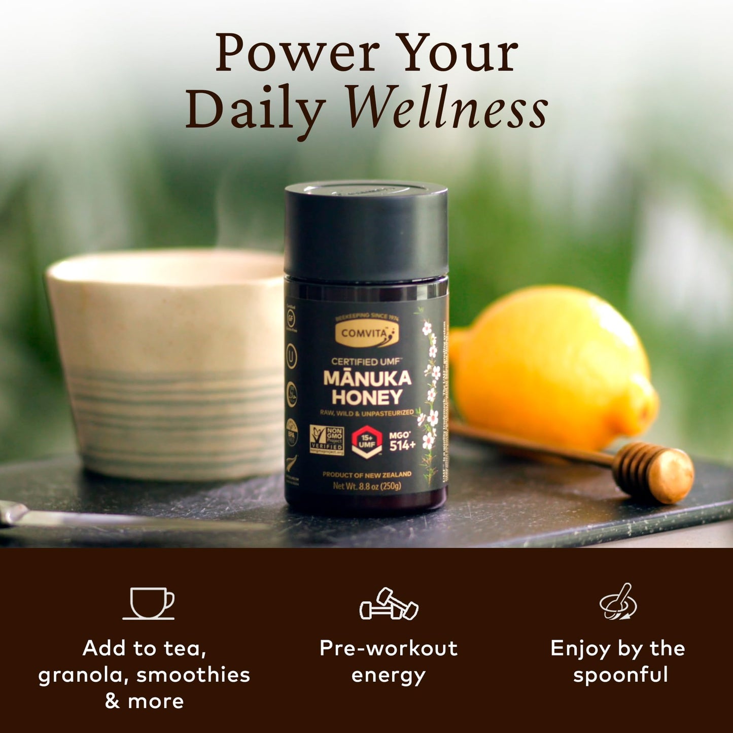 Comvita Manuka Honey UMF 15+ (MGO 514+) - Raw Manuka Honey New Zealand, Pure & Unpasteurized, Superfood for Immune Health, Use in Tea, Wild, Monofloral, Non-GMO - 250g (8.8 oz) - Medaid International