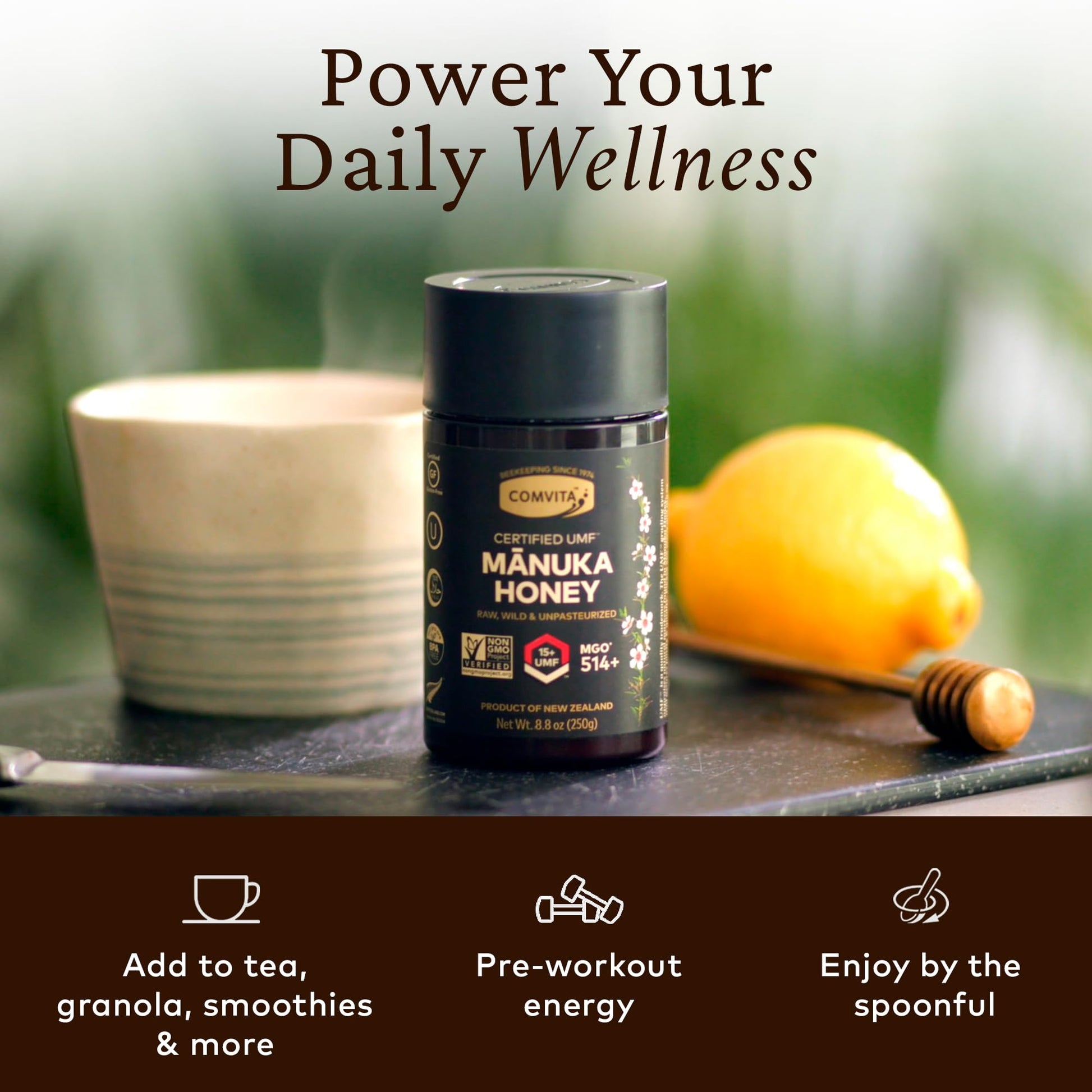 Comvita Manuka Honey UMF 15+ (MGO 514+) - Raw Manuka Honey New Zealand, Pure & Unpasteurized, Superfood for Immune Health, Use in Tea, Wild, Monofloral, Non-GMO - 250g (8.8 oz) - Medaid International