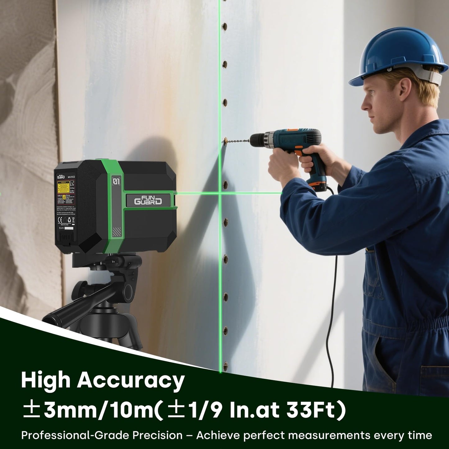 Funguard Green Laser Level with Adjustable Tripod Type-C Rechargeable Lithium Battery 360° Self Leveling Waterproof Outdoor Cross Line with Pulse Mode, Magnetic Bracket - Medaid International