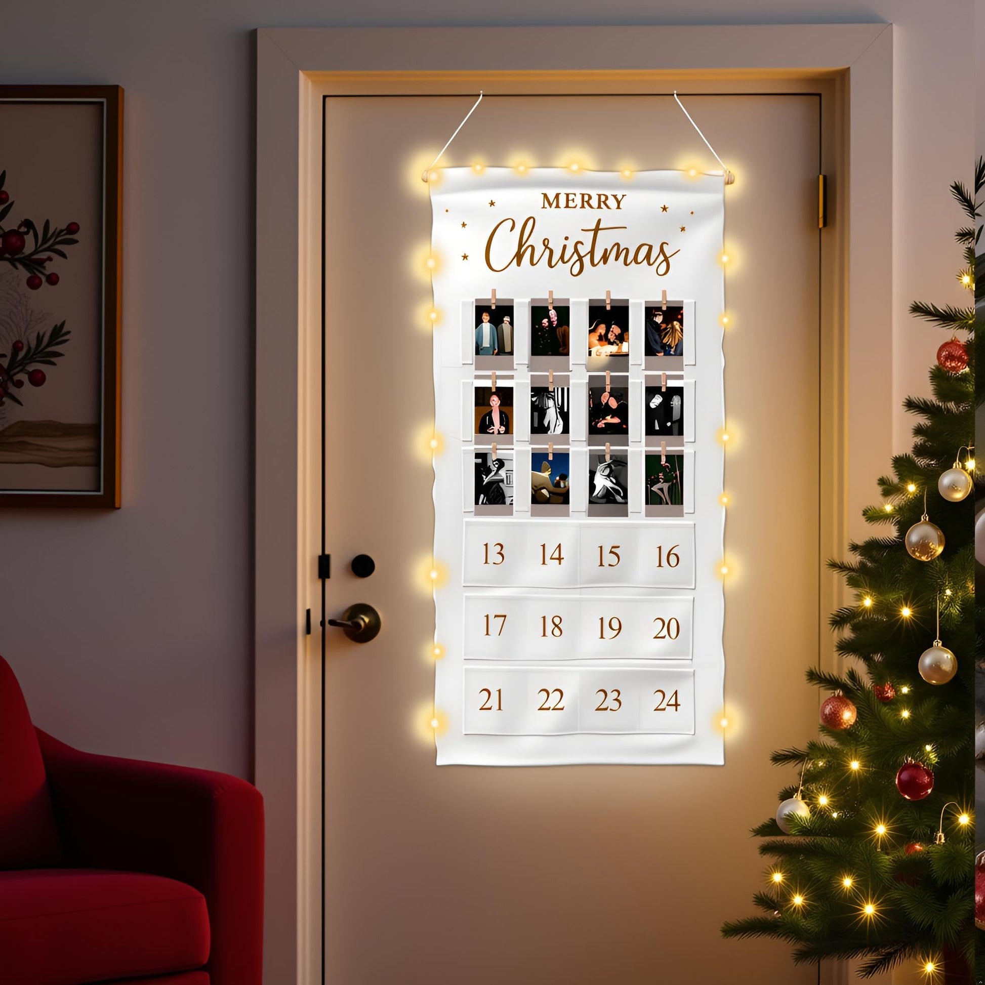 Christmas Picture Countdown Board Photo Advent Calendar with Pockets Reusable Photo-Display Collage Board for Festival Memory Countdown - Medaid International