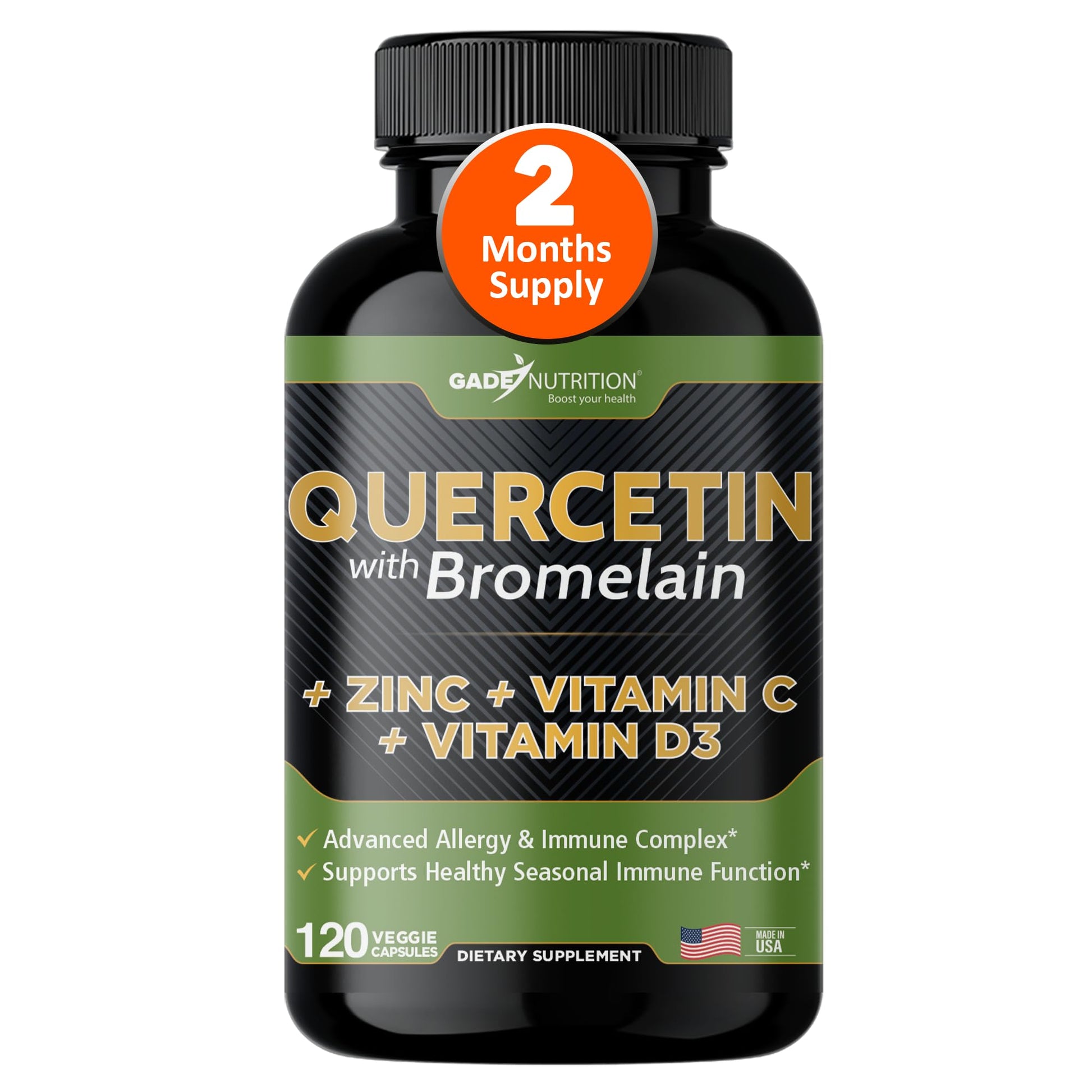 Gade Nutrition Quercetin with Bromelain Vitamin C and Zinc Vitamin D3 | Immune Support Supplement in Capsules | Non-GMO, Gluten-Free, Vegan | Made in The USA | 2 Month Supply - Medaid International