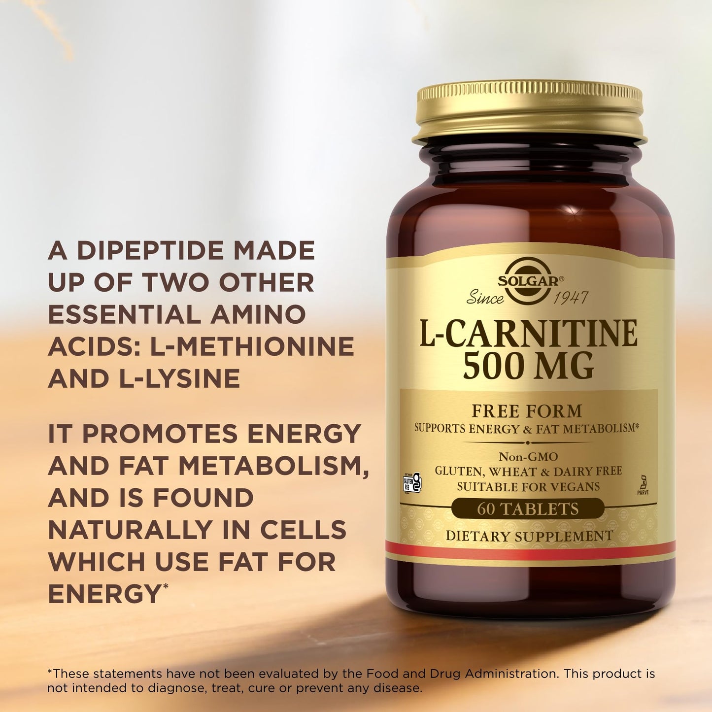 Solgar L-Carnitine 500 mg - 60 Tablets - Non-GMO, Vegan, Gluten Free, Dairy Free, Kosher - 30 Servings - Medaid International