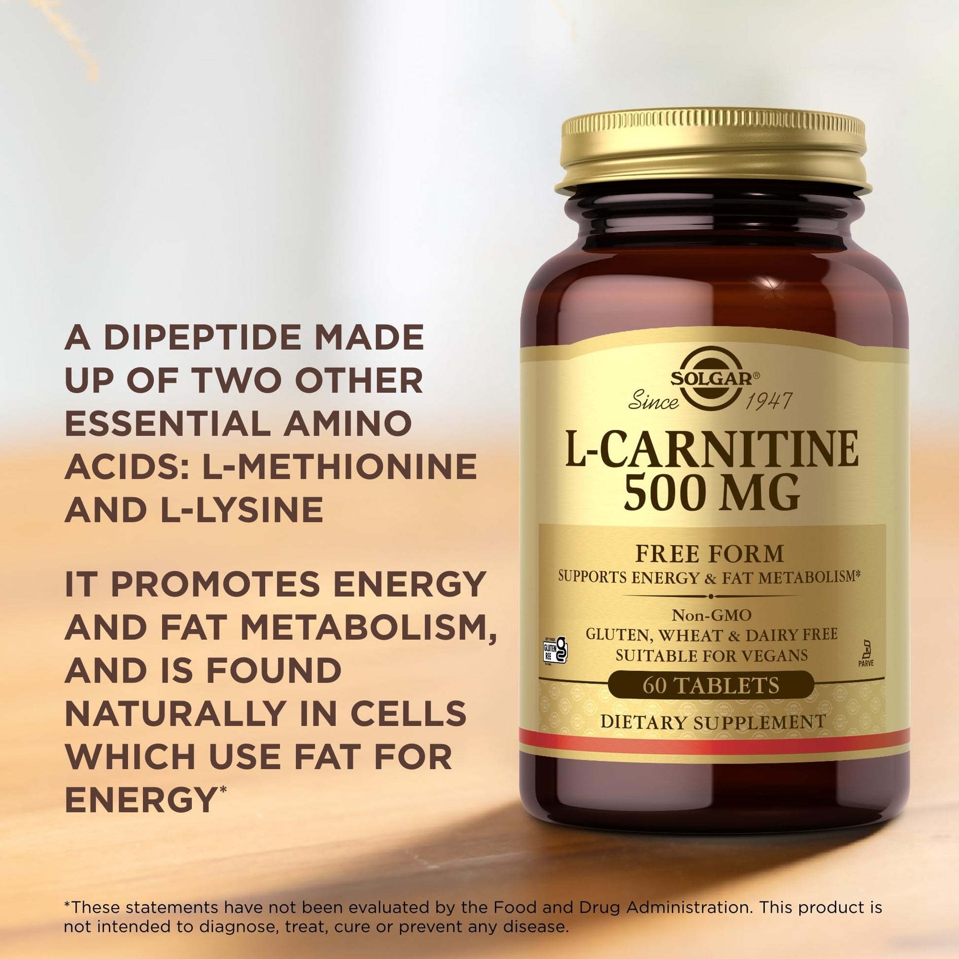 Solgar L-Carnitine 500 mg - 60 Tablets - Non-GMO, Vegan, Gluten Free, Dairy Free, Kosher - 30 Servings - Medaid International