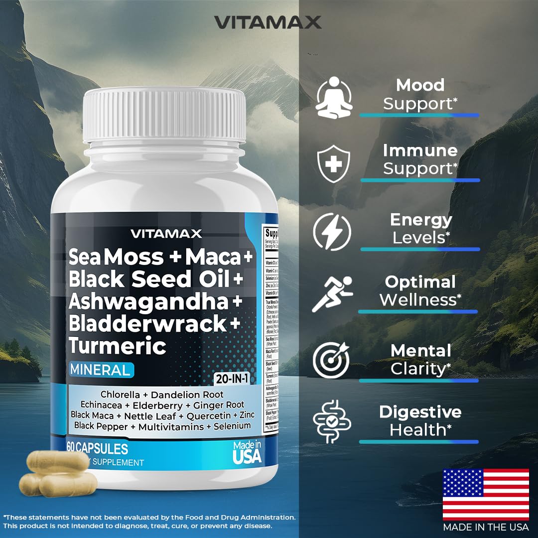 Sea Moss, Maca, Black Seed Oil, Ashwagandha, Bladderwrack, Turmeric - Elderberry, Vitamins C & D3, Dandelion & Black Pepper - Made in USA- 120ct - Medaid International