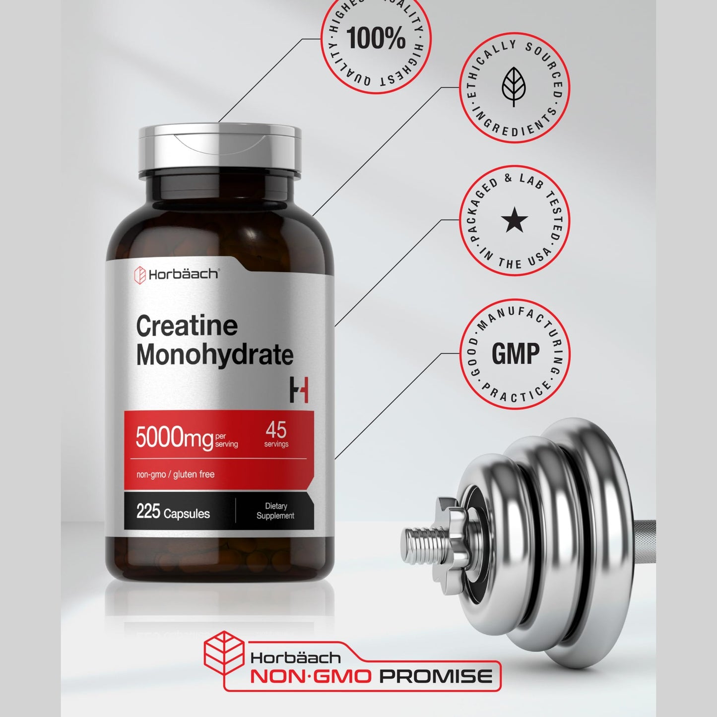 Horbäach Creatine Monohydrate | 5g | 225 Capsules | Non-GMO, Gluten Free Supplement - Medaid International