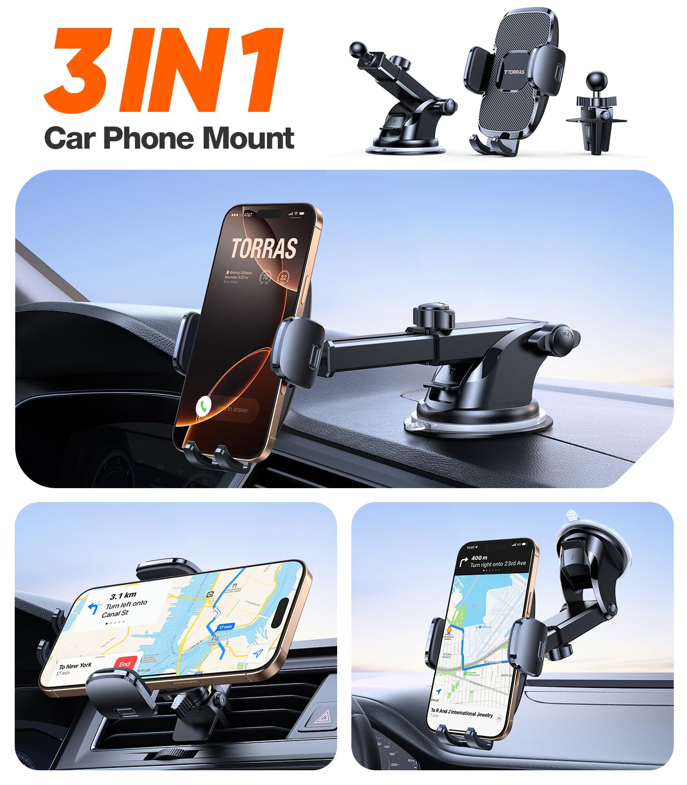 TORRAS Military-Grade Phone Holders for Your Car【96+LBS Strongest Suction】 Car Phone Holder Mount, Ultra-Durable Cell Phone Car Mount for Dashboard Windshield Vent for iPhone 17 16 15 14 13 Pro Max - Medaid International