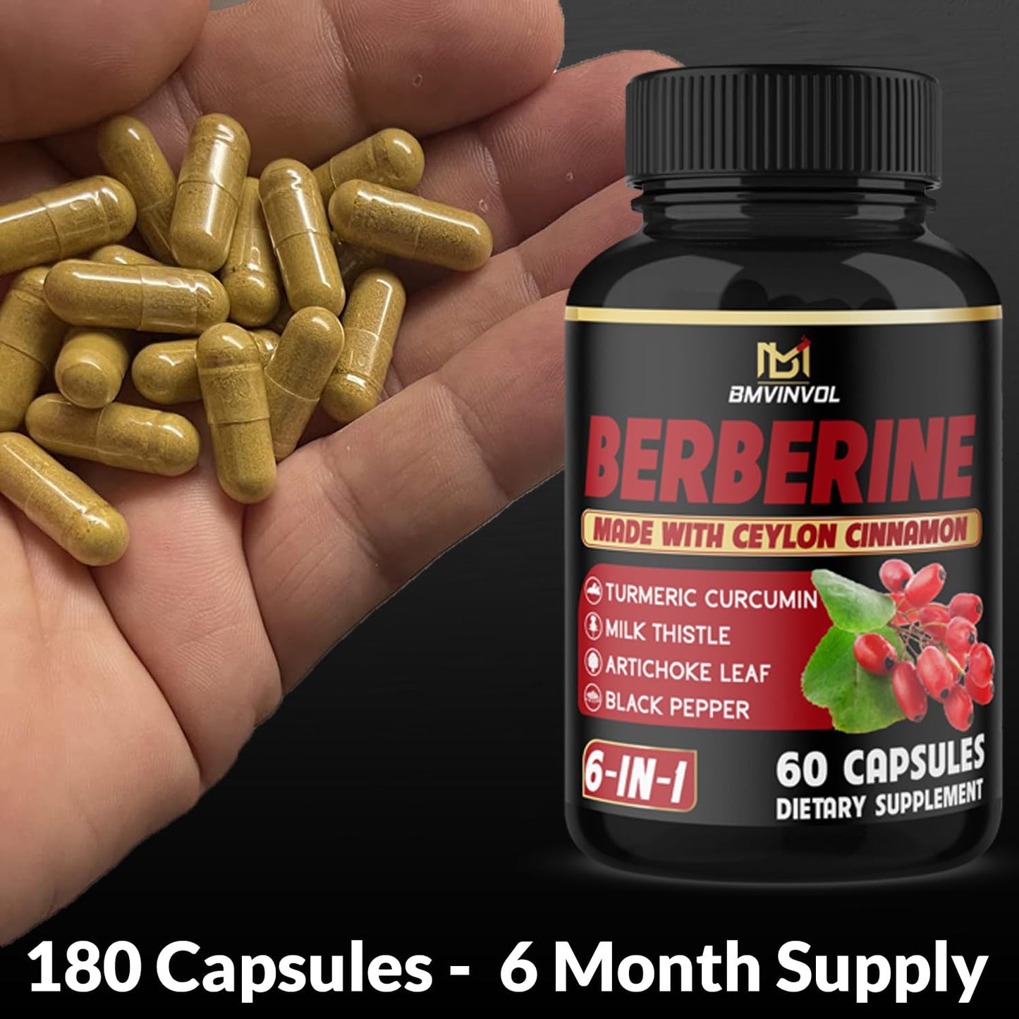 (3 Packs) Berberine Supplement Plus Ceylon Cinnamon, Milk Thistle, Turmeric, Artichoke Leaf, Black Peppe - 6 Month Supply - 180 Capsules Total - Medaid International