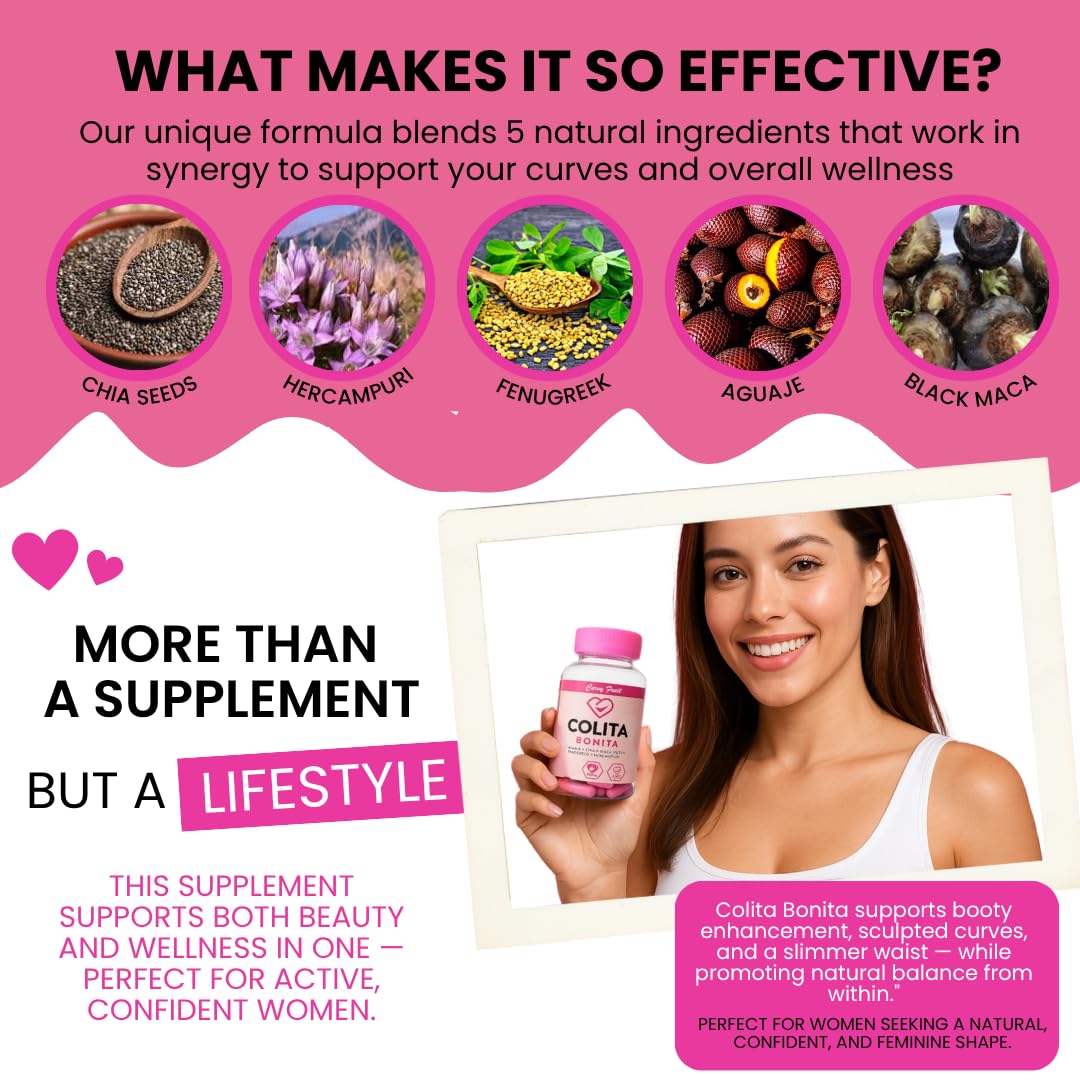 Colita Bonita – Aguaje, Black Maca & Fenugreek Pills – Natural Booty Growth & Hip Shaping Supplement – Supports Curves, Hormonal Balance & Waist Definition – 60 Capsules (30-Day Supply) - Medaid International