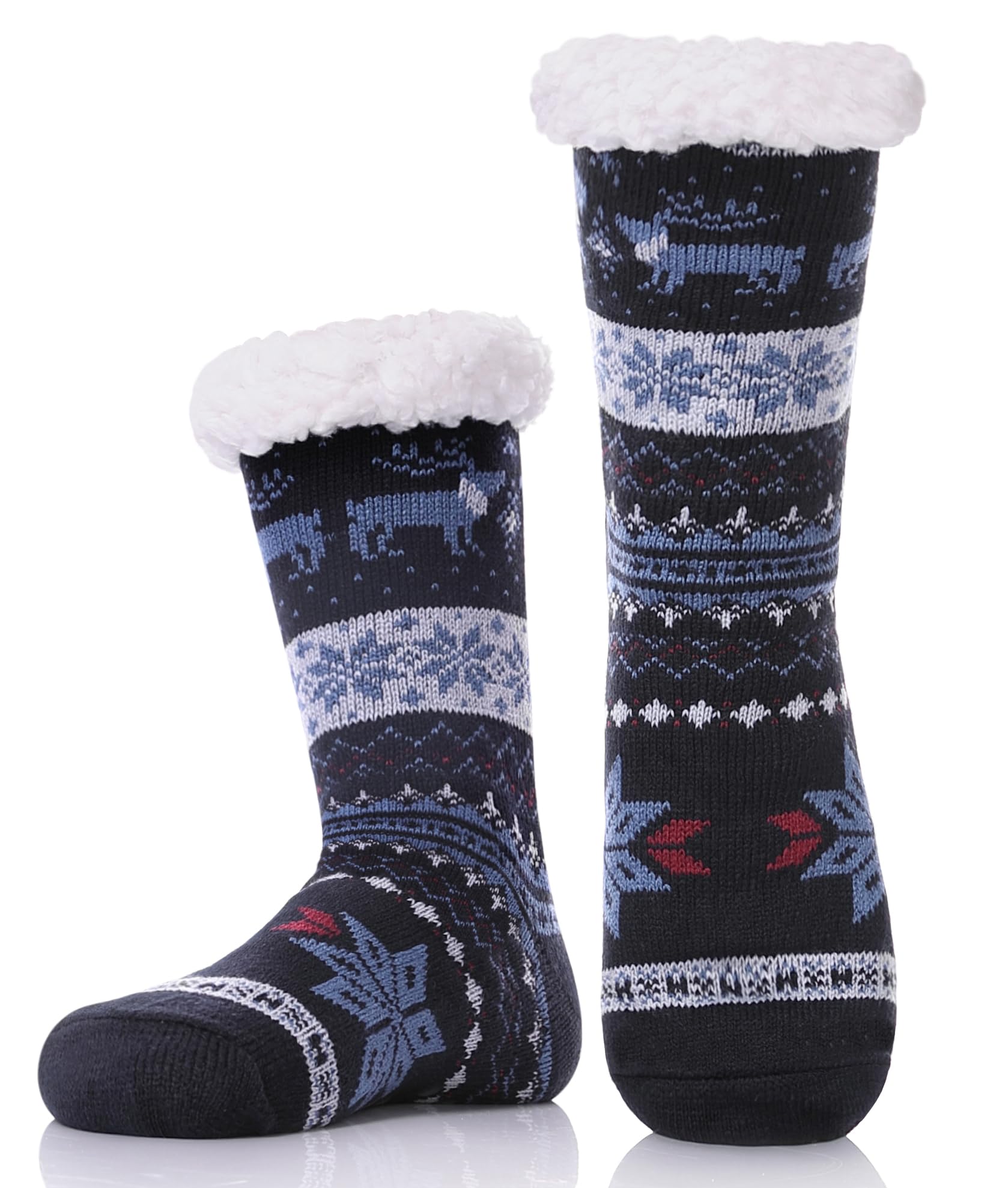 DYW Mens Fuzzy Slipper Socks Warm Thick Heavy Thermal Fleece lined Fluffy Winter Non Slip Socks (Dark Blue A) - Medaid International