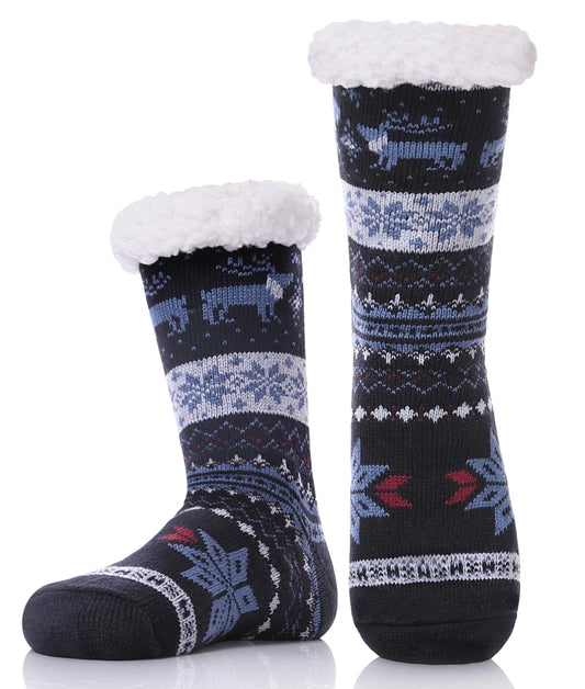 DYW Mens Fuzzy Slipper Socks Warm Thick Heavy Thermal Fleece lined Fluffy Winter Non Slip Socks (Dark Blue A) - Medaid International