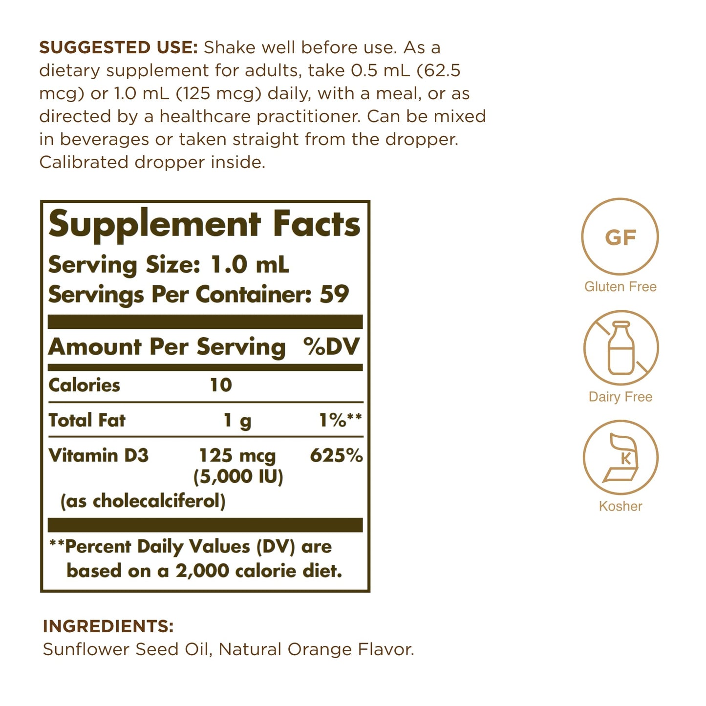 Solgar Liquid Vitamin D3 125 mcg (5,000 IU), 2 fl oz - Delicious, Natural Orange Flavor - Helps Maintain Healthy Bones & Teeth - Immune System Support - Gluten Free, Dairy Free, Kosher - 59 Servings - Medaid International