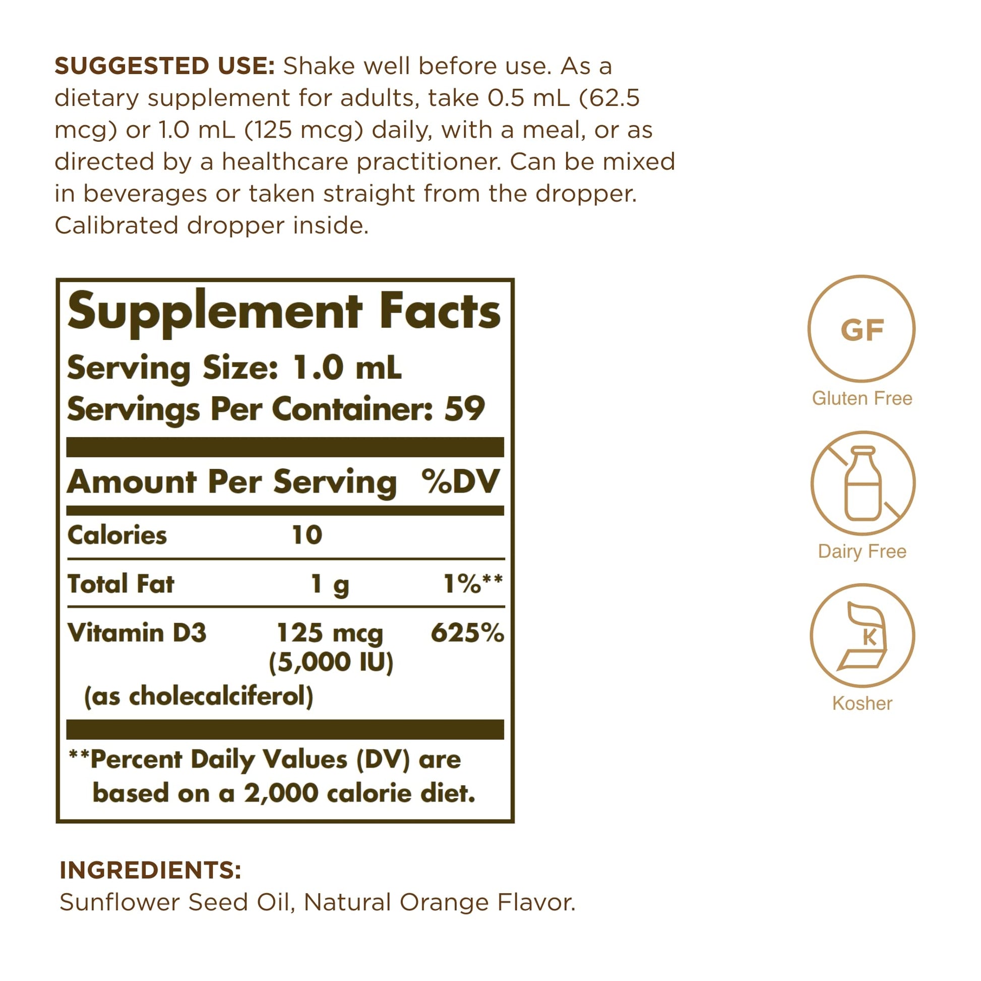Solgar Liquid Vitamin D3 125 mcg (5,000 IU), 2 fl oz - Delicious, Natural Orange Flavor - Helps Maintain Healthy Bones & Teeth - Immune System Support - Gluten Free, Dairy Free, Kosher - 59 Servings - Medaid International