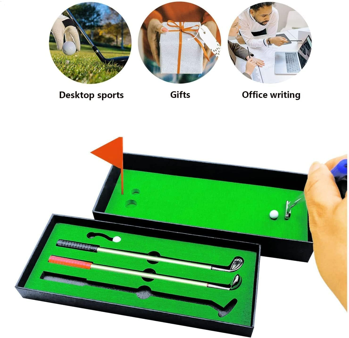 Golf Pen, Mini Golf Gift Set, Desktop Golf Ball Pen Gift, 3 Golf Clubs Pens with Balls and Flag - Medaid International