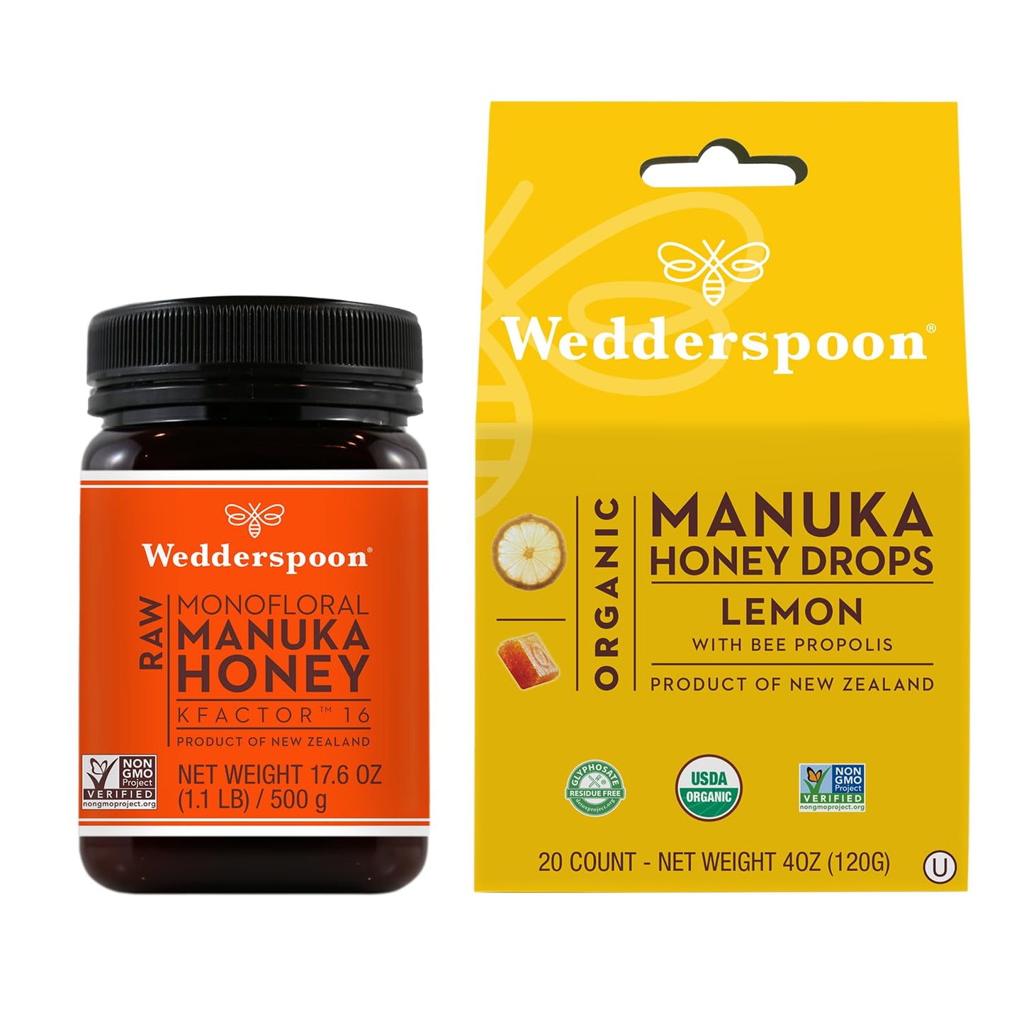 Wedderspoon Raw Premium Manuka Honey KFactor 16+ & Wedderspoon Organic Manuka Honey Drops, Lemon + Bee Propolis, Unpasteurized, Perfect Remedy For Dry Throats - Medaid International