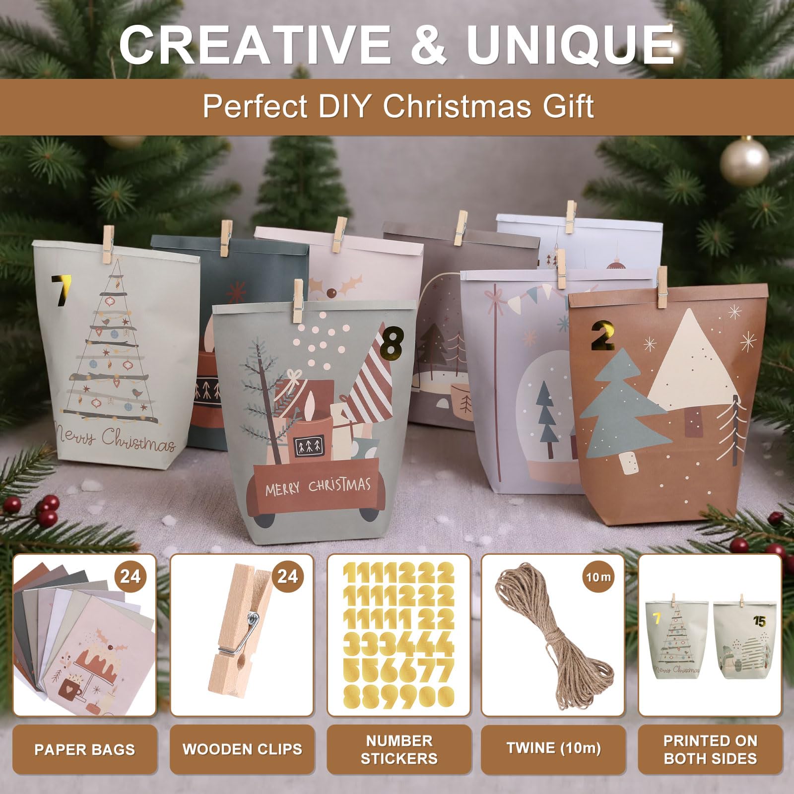 Yinsun Advent Calendar 2025, 24 Christmas Advent Calendars to Fill for Countdown - Empty Christmas Gift Paper Bags with Wooden Clips for Children and Adults DIY Craft - Medaid International
