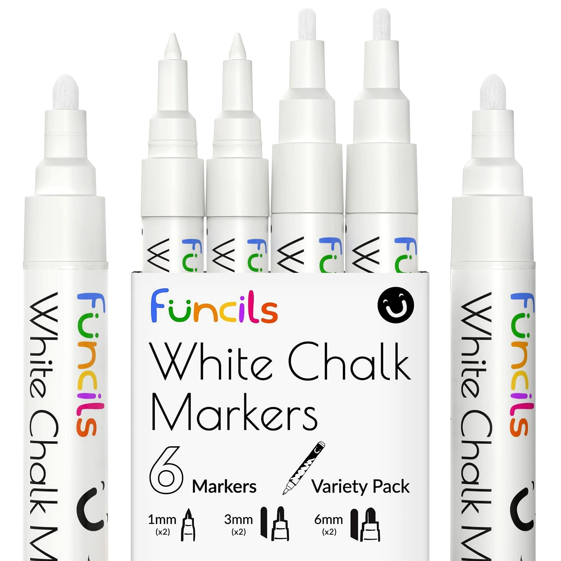 Funcils 6 White Chalk Markers for Chalkboard (6 Pack - 1mm Extra Fine + 3mm Fine Tip + 6mm Bold) | White Liquid Chalkboard Markers Erasable, Dry Erase Chalk Pens for Window, Bistro, Glass, Calendar - Medaid International