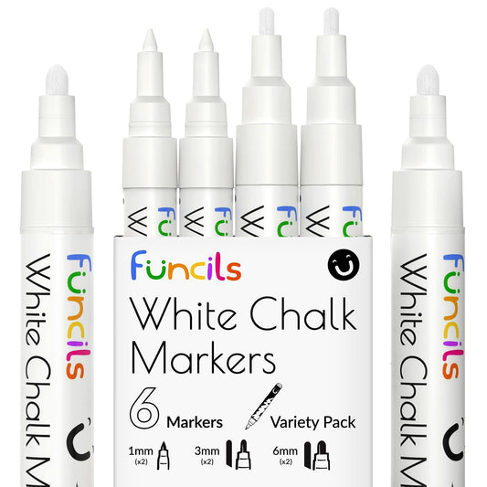Funcils 6 White Chalk Markers for Chalkboard (6 Pack - 1mm Extra Fine + 3mm Fine Tip + 6mm Bold) | White Liquid Chalkboard Markers Erasable, Dry Erase Chalk Pens for Window, Bistro, Glass, Calendar - Medaid International