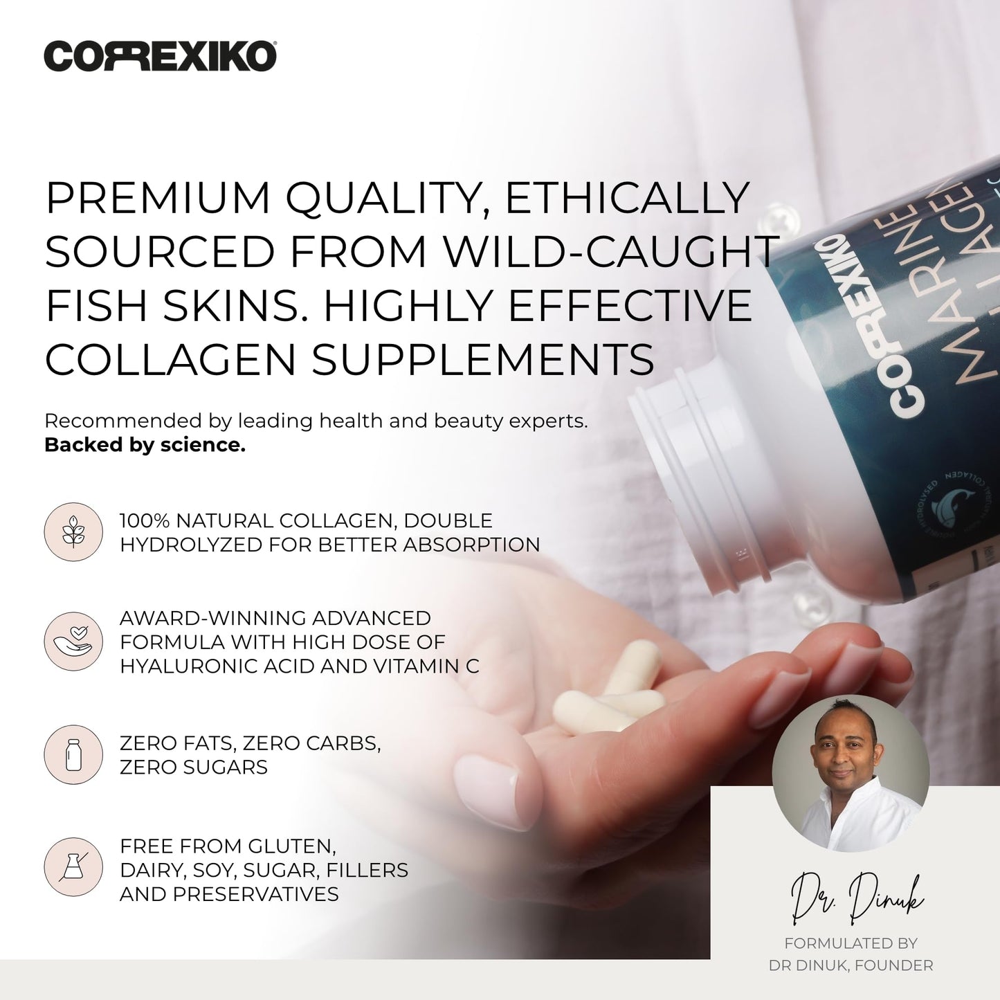 CORREXIKO Marine Collagen Supplement Pills - 1800mg Hydrolyzed Collagen Peptides per Serving with Added Hyaluronic Acid, Vitamin C & Minerals - for Hair, Skin & Nails - 360 Capsules 3 Month Supply - Medaid International
