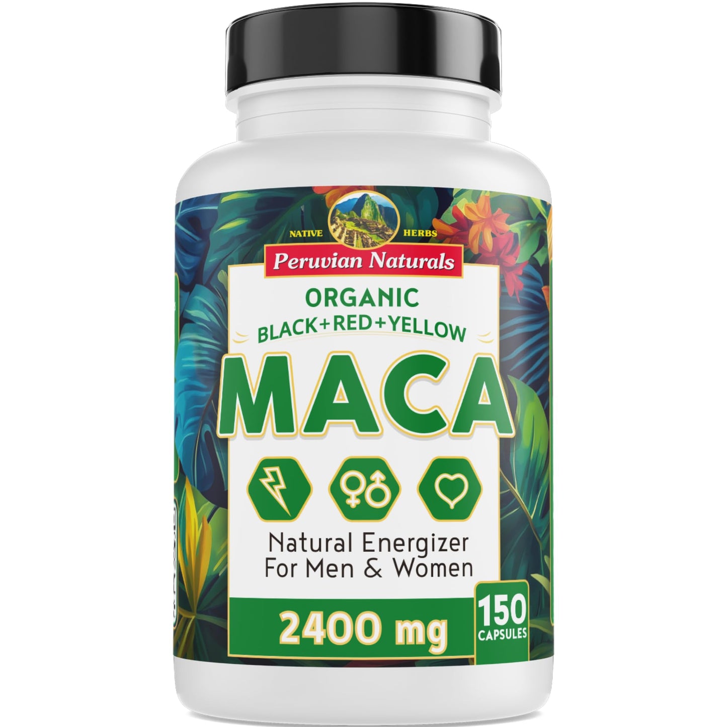 Organic Maca Root Capsules for Women & Men 2400mg per Serving - 150 Pills Black, Red, Yellow Maca Supplement - Gelatinized Macaroot, Non-GMO, Vegan by Peruvian Naturals - Medaid International