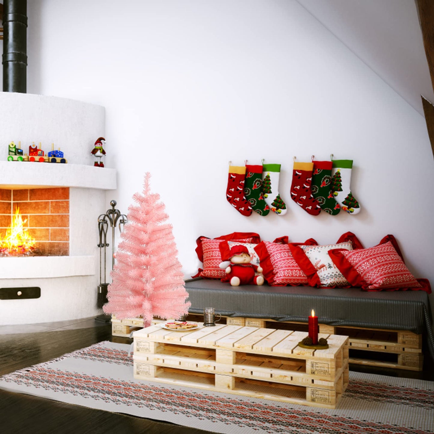 CCINEE 3Ft Artificial Christmas Tree, Pink Tabletop Hinged Christmas Tree with Metal Stand 130 Branch Tips Mini Tree for Xmas Party Supplies Home Indoor Decoration - Medaid International