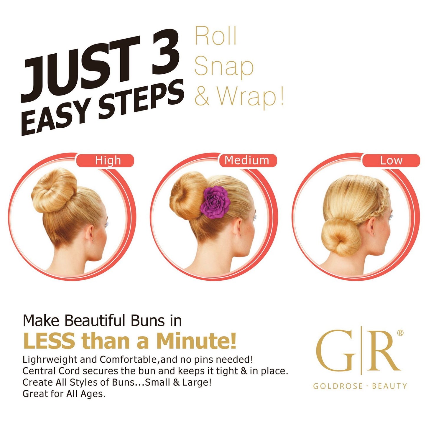 Goldrose Beauty Hair Styling Accessory - 2 Pieces Doughnut Hair Bun Maker and Curler in Small & Large (Black) - Medaid International