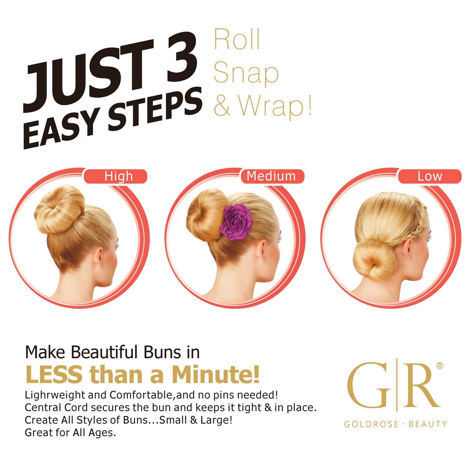 Goldrose Beauty Hair Styling Accessory - 2 Pieces Doughnut Hair Bun Maker and Curler in Small & Large (Black) - Medaid International