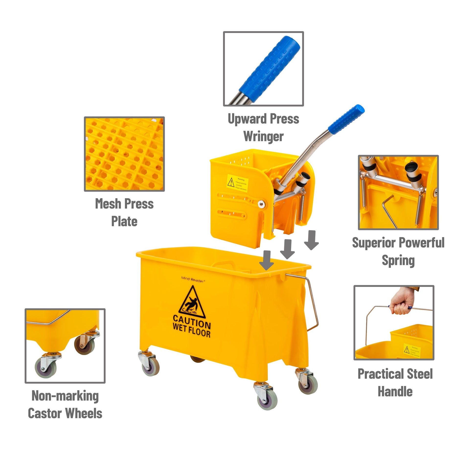 Mind Reader Mop Bucket with Wringer, 22 Qt (5.5 Gallon), Floor Cleaning, Handle, Wheels, 16.25"L x 10.75"W x 24.5"H, Yellow - Medaid International